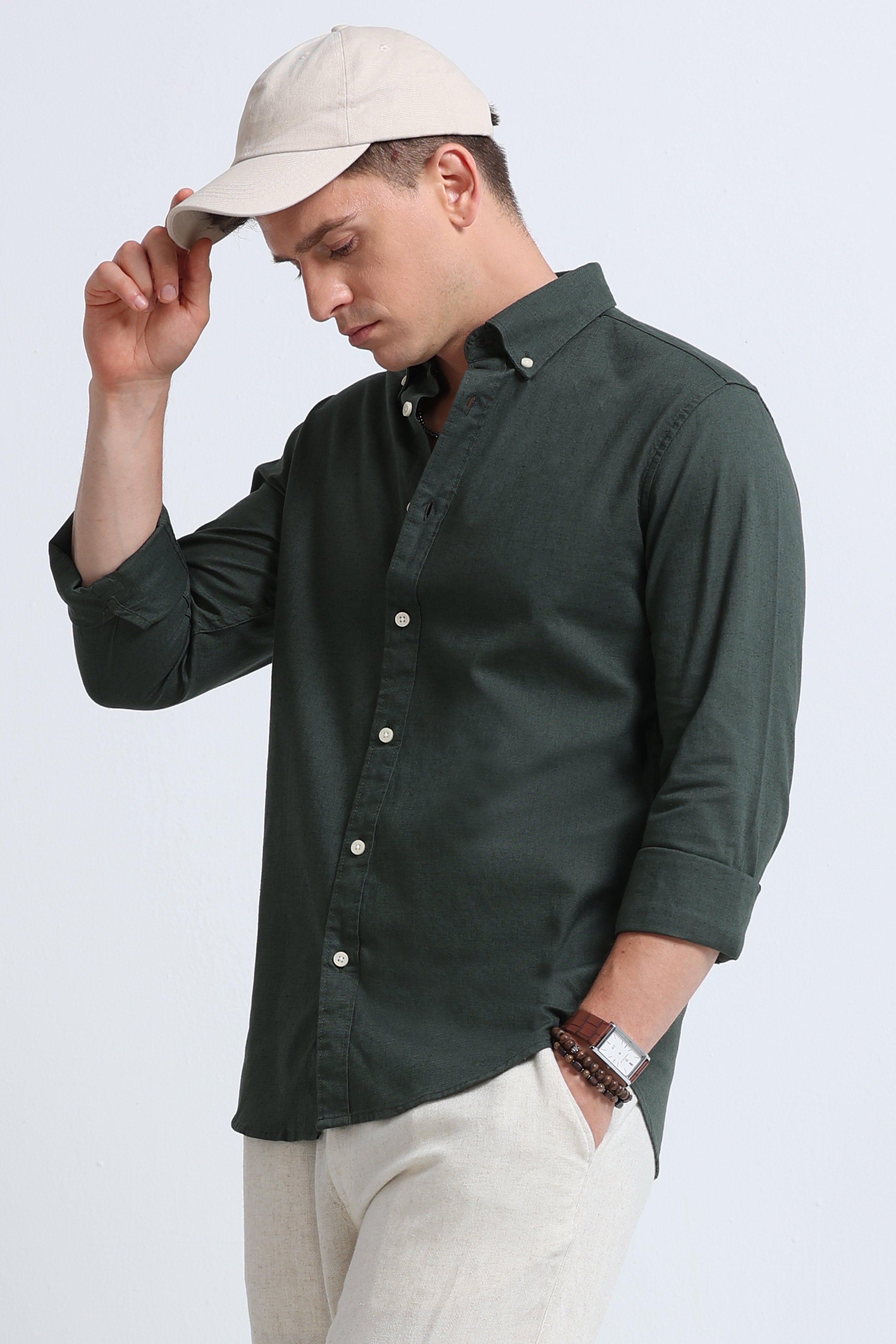 Men Green Button-Down Shirt
