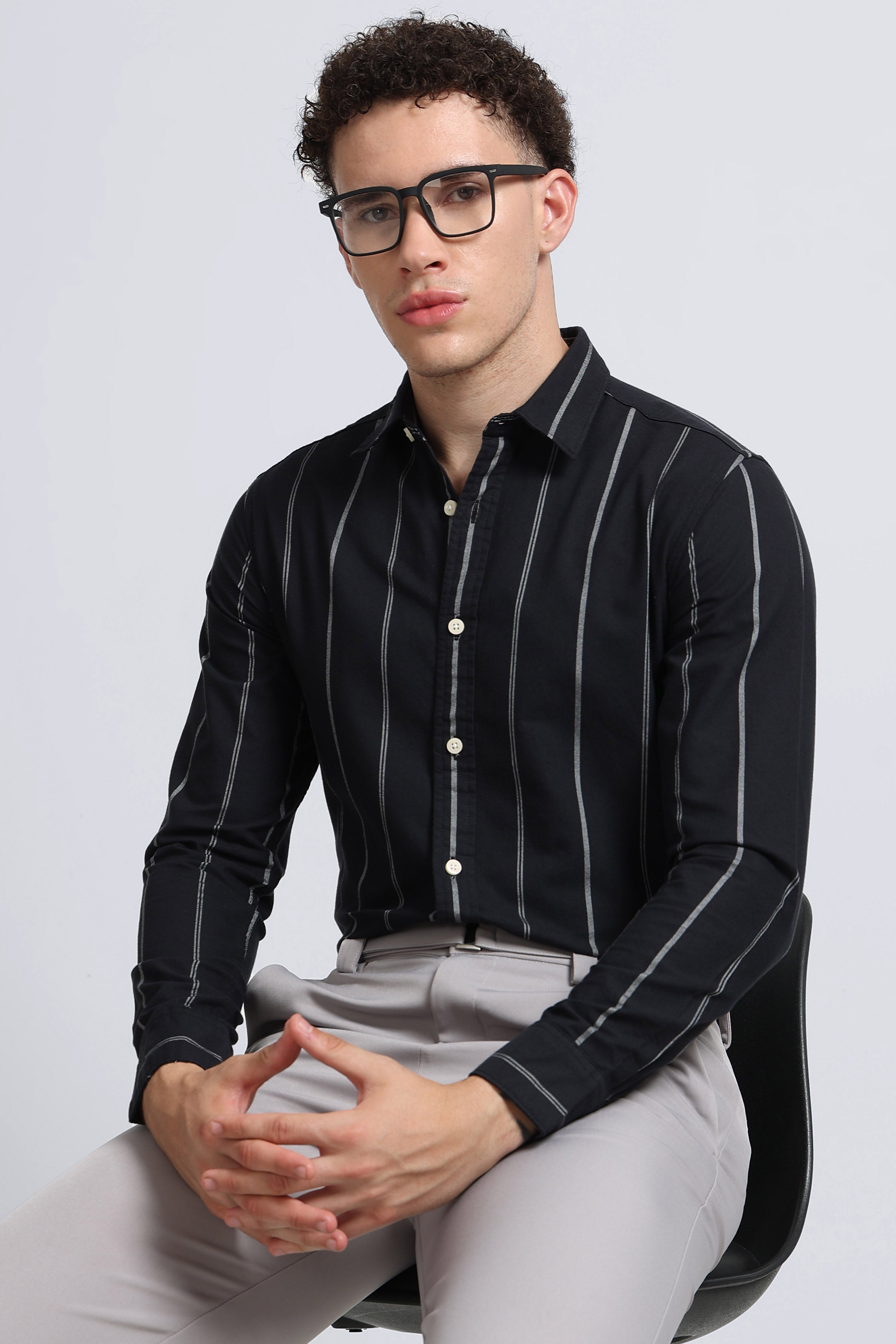 Men Black Classic Striped Cotton Shirt