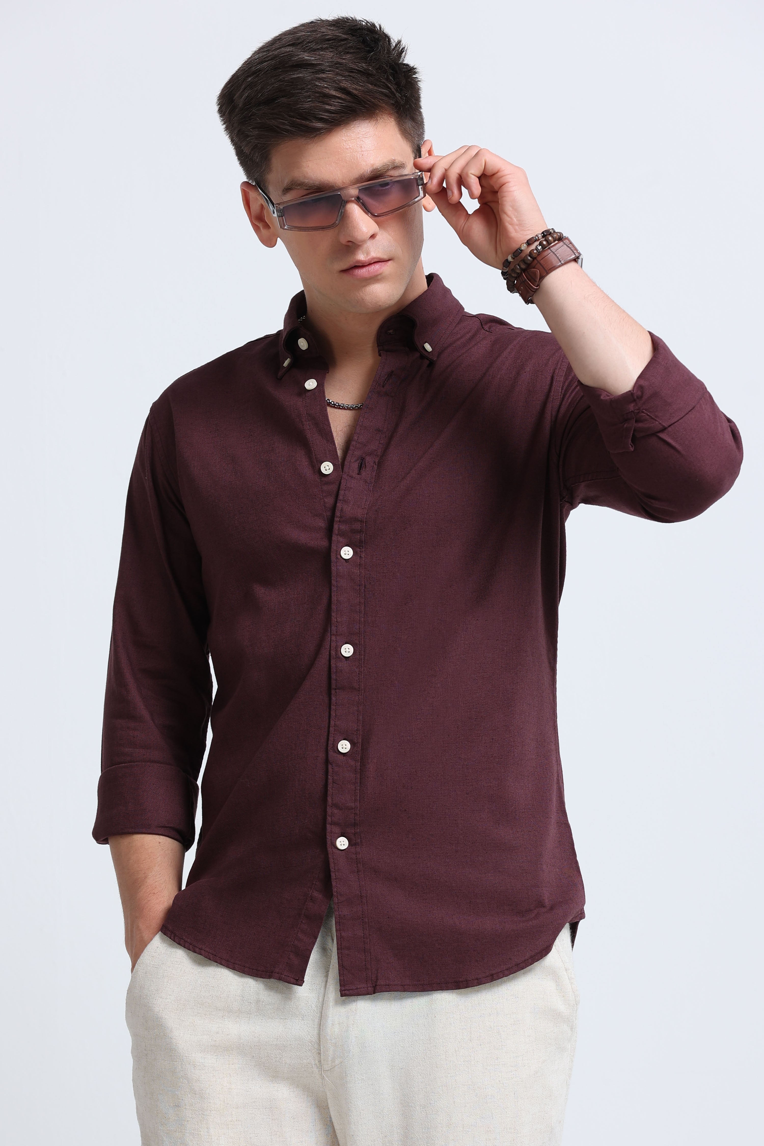 Men Burgundy Button-Down Shirt