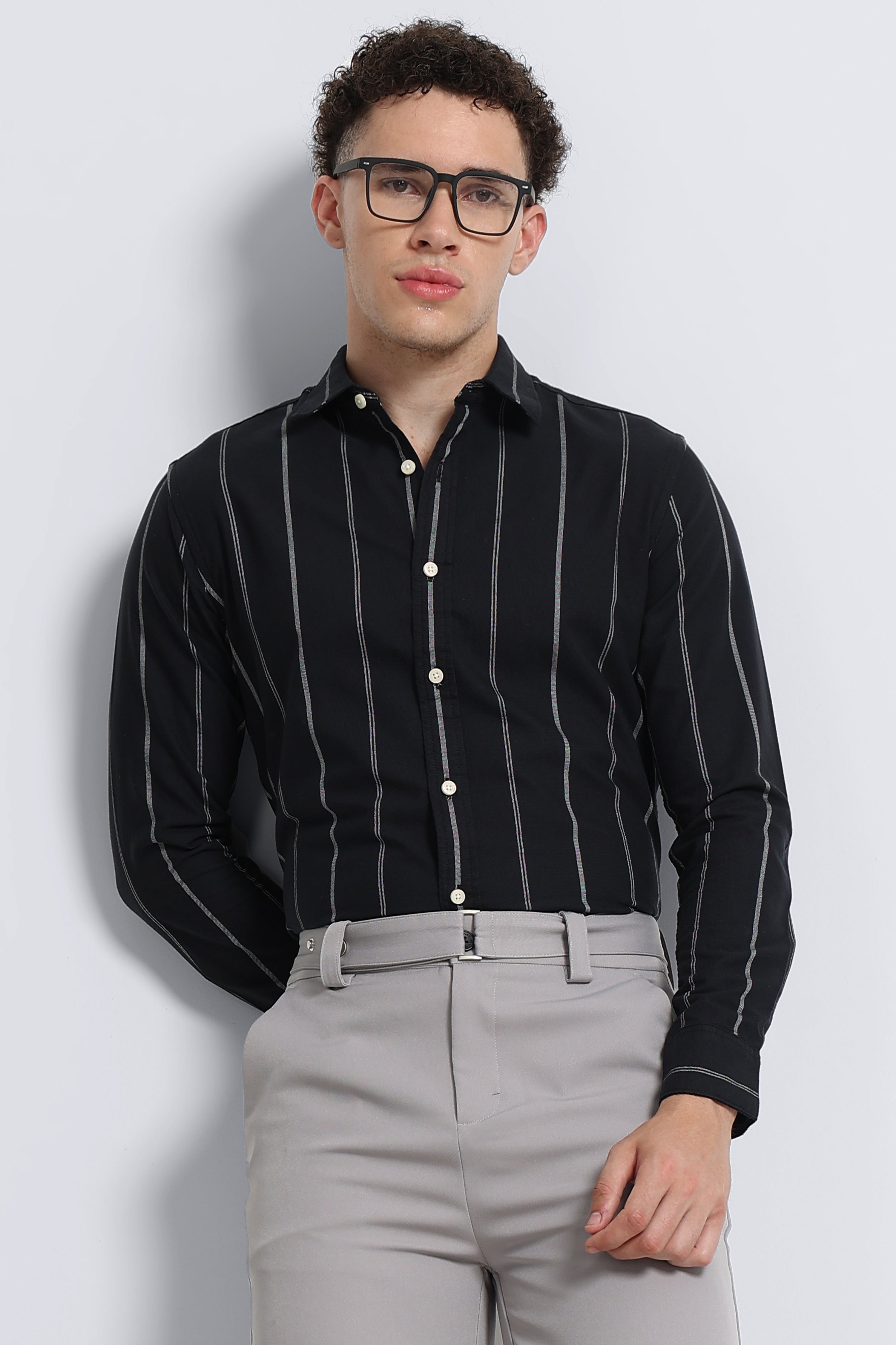Men Black Classic Striped Cotton Shirt