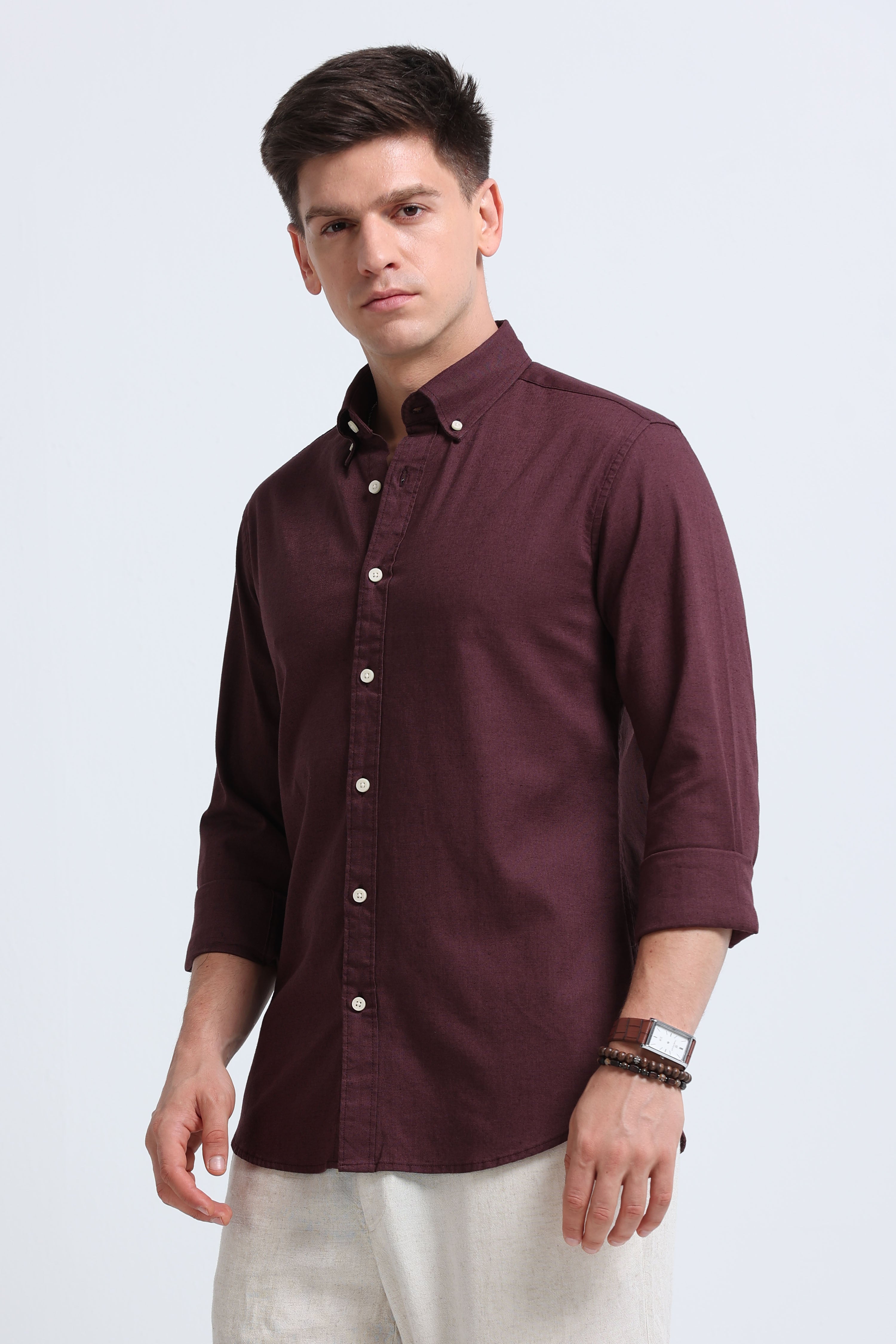 Men Burgundy Button-Down Shirt