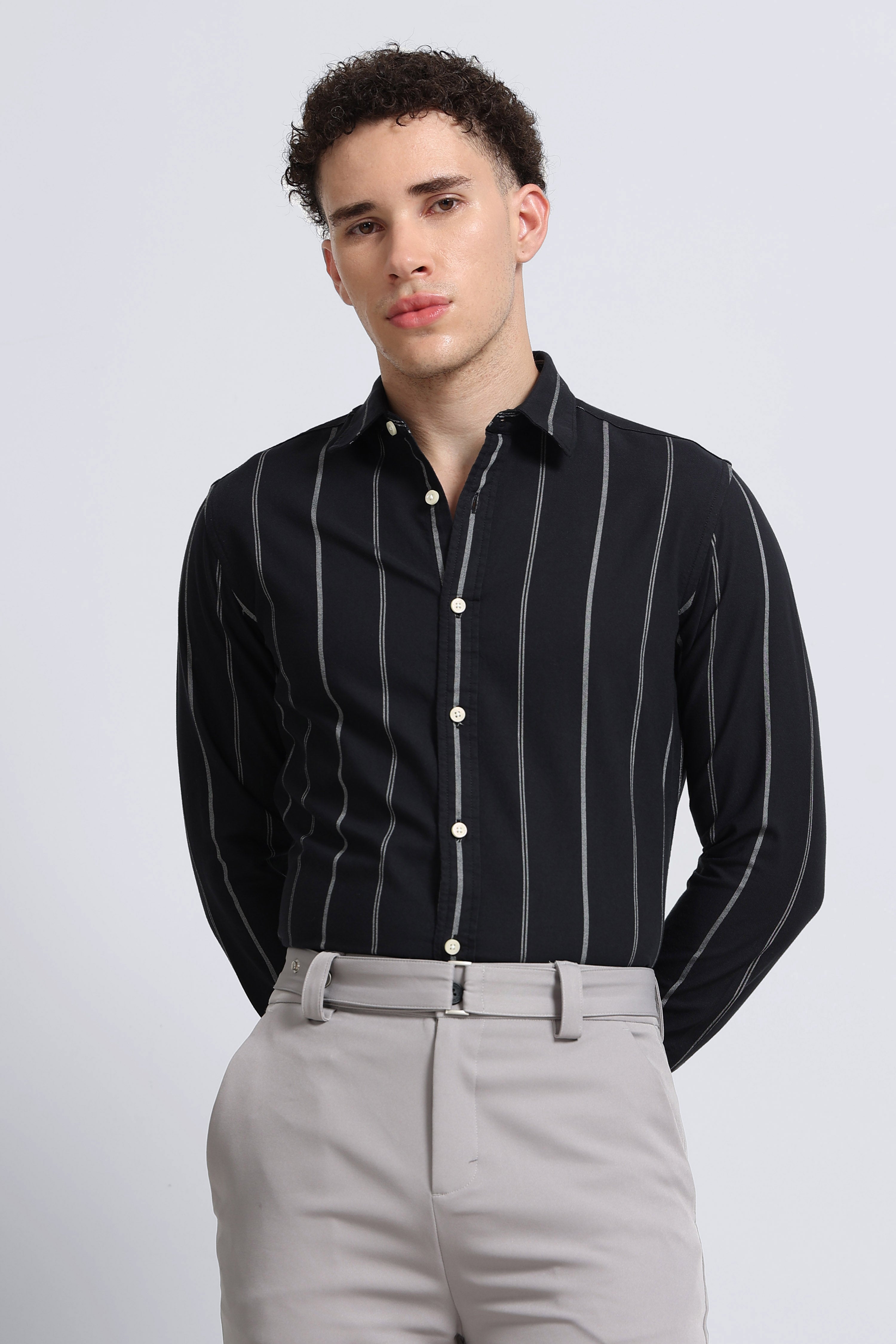 Men Black Classic Striped Cotton Shirt