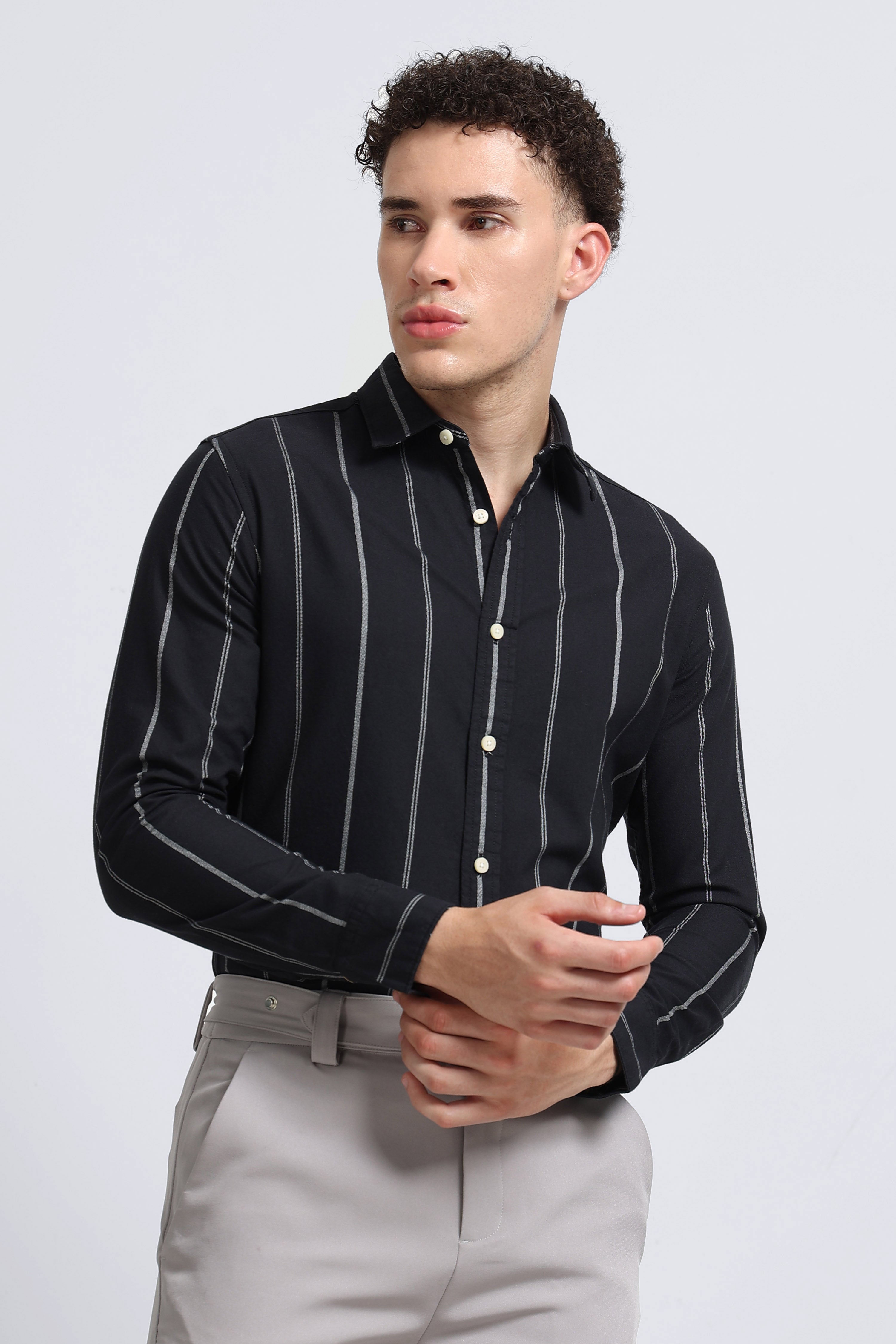 Men Black Classic Striped Cotton Shirt