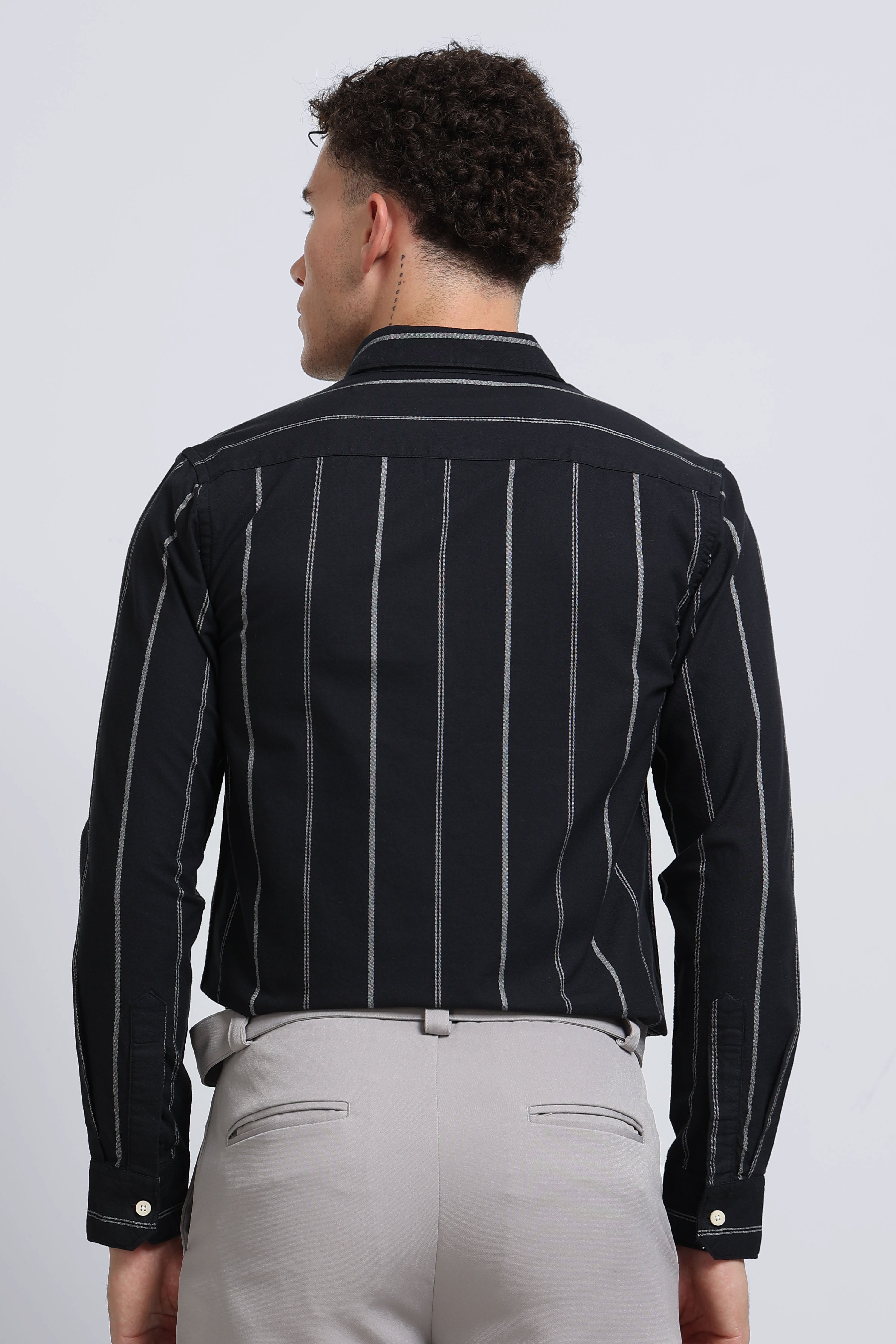Men Black Classic Striped Cotton Shirt