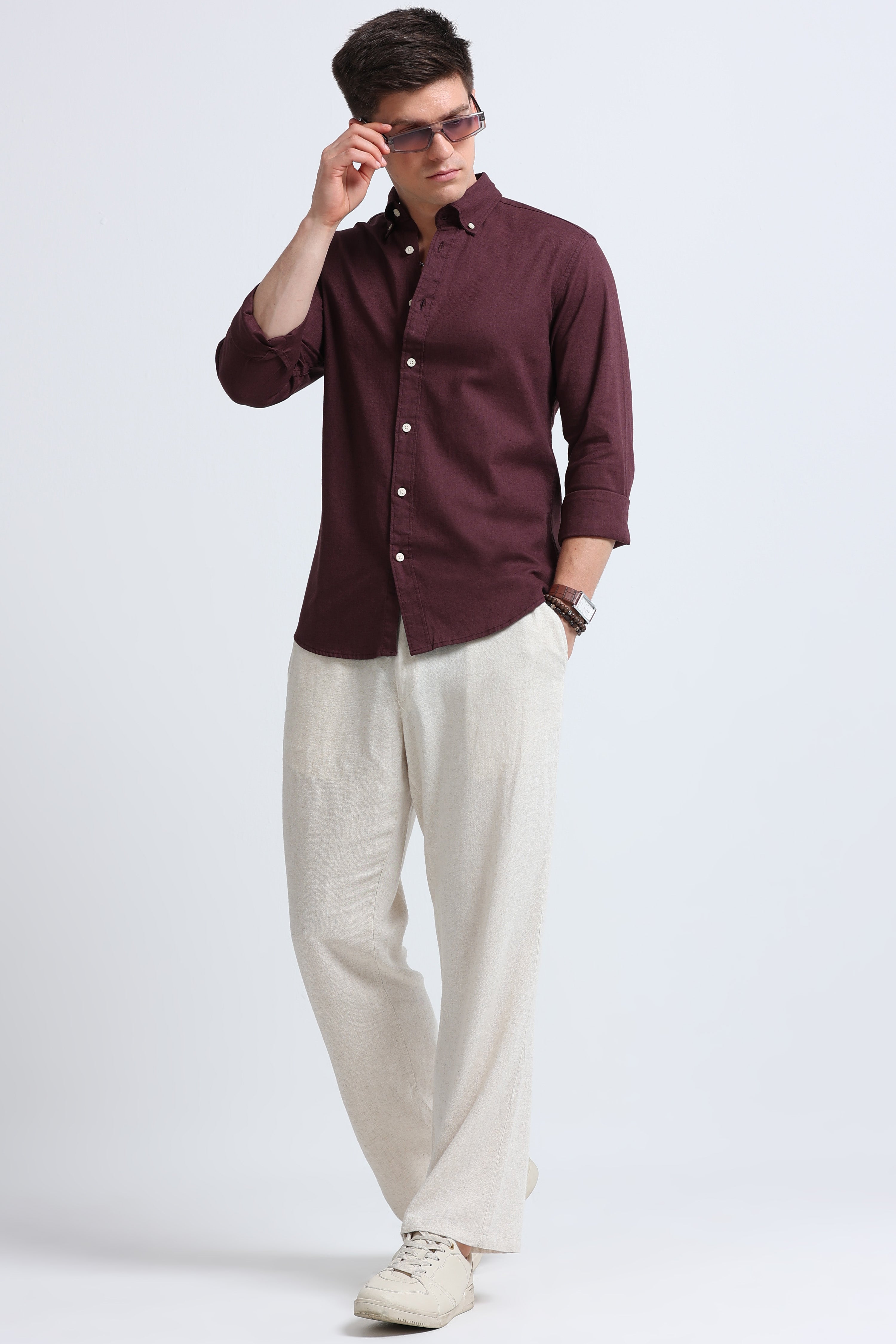 Men Burgundy Button-Down Shirt