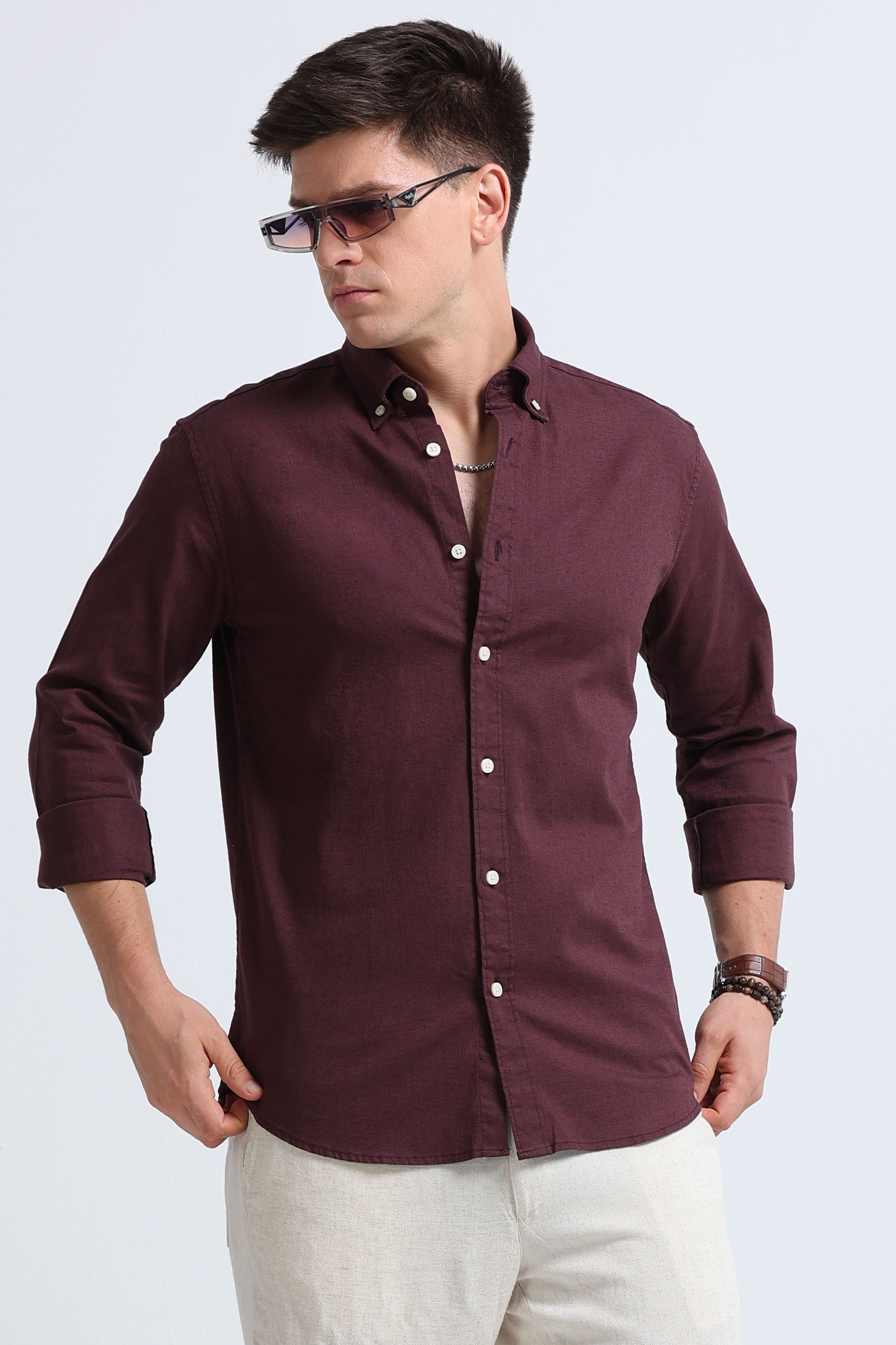 Men Burgundy Button-Down Shirt