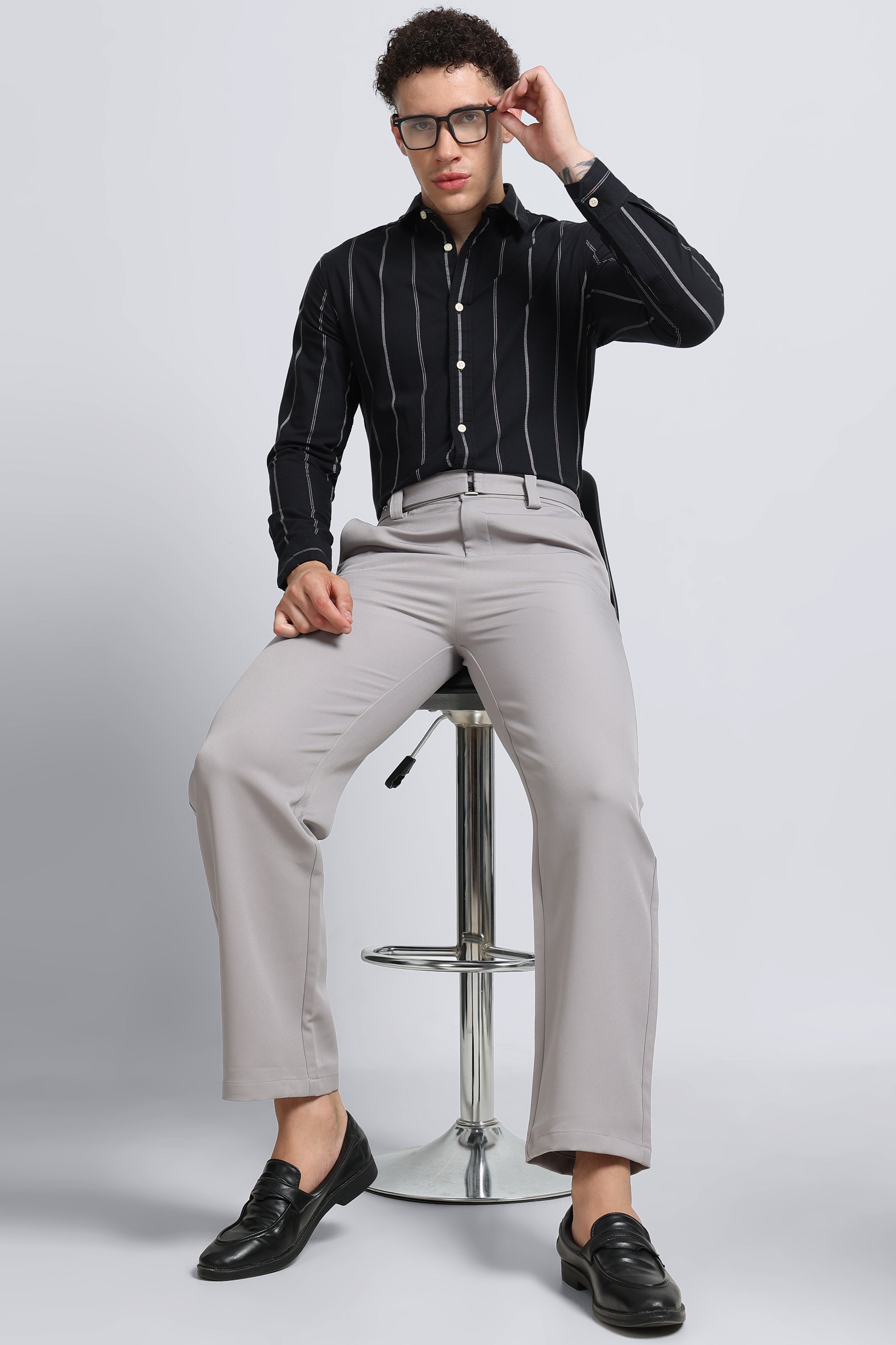 Men Black Classic Striped Cotton Shirt