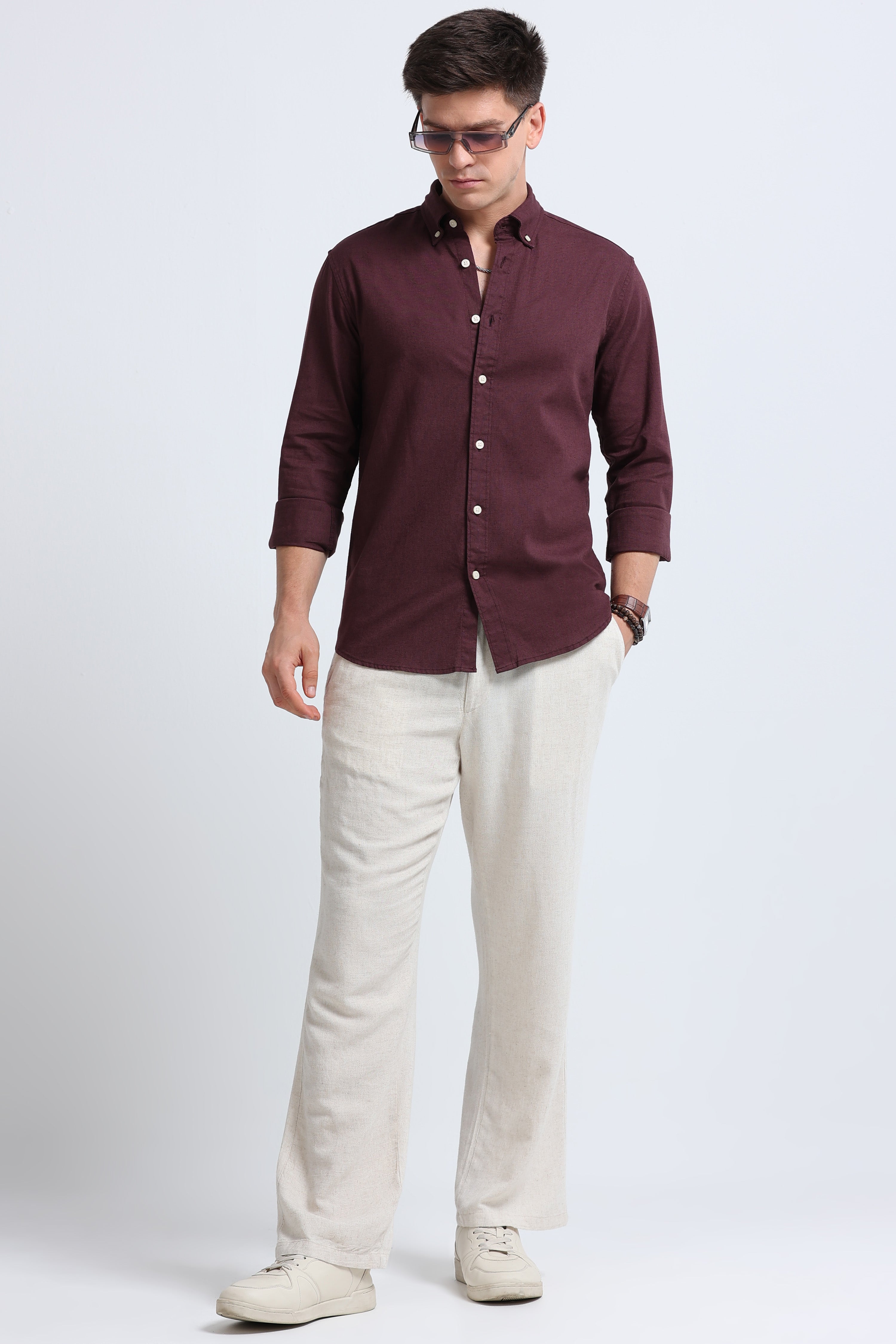 Men Burgundy Button-Down Shirt