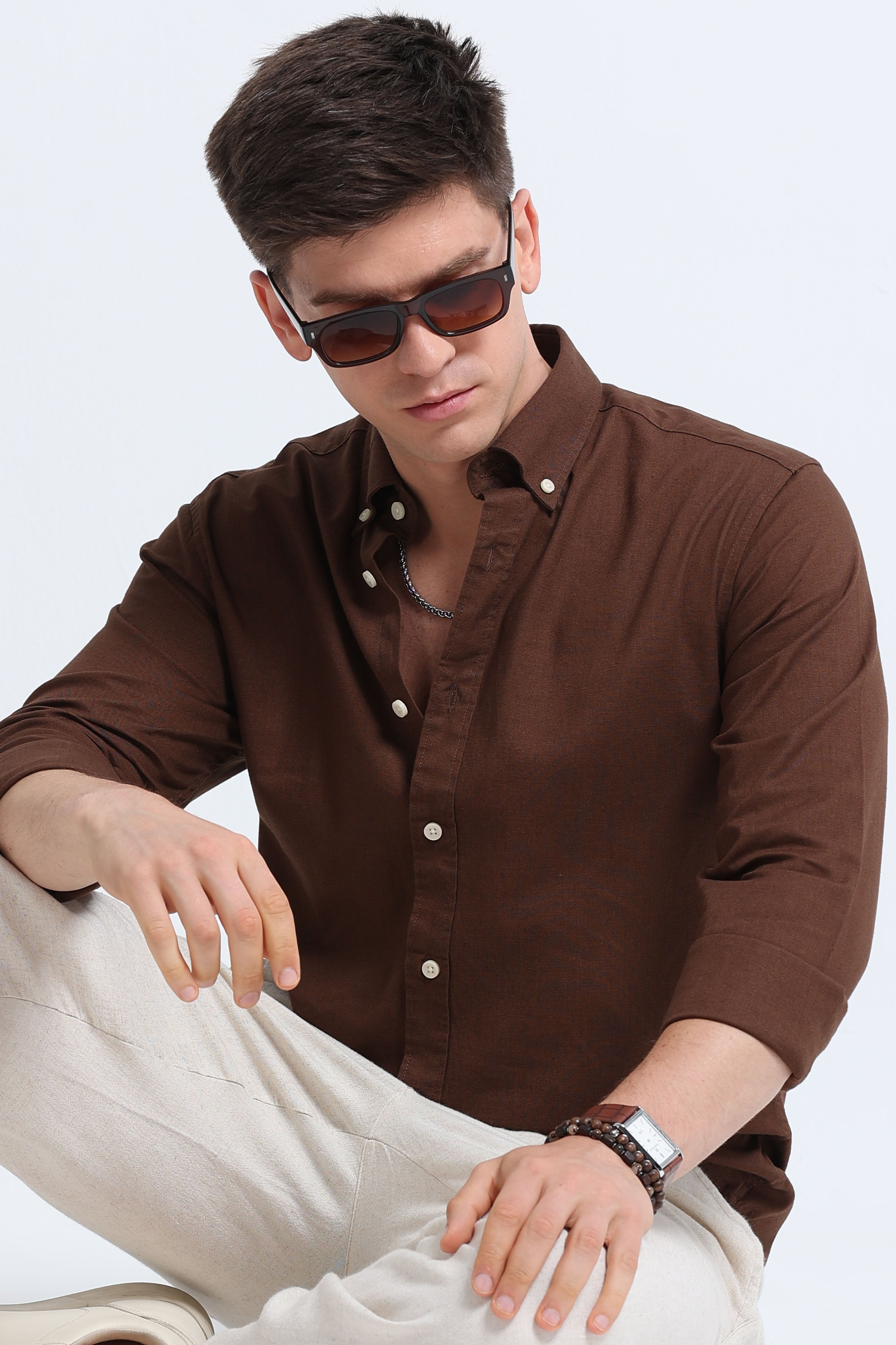 Men Brown Button-Down Shirt