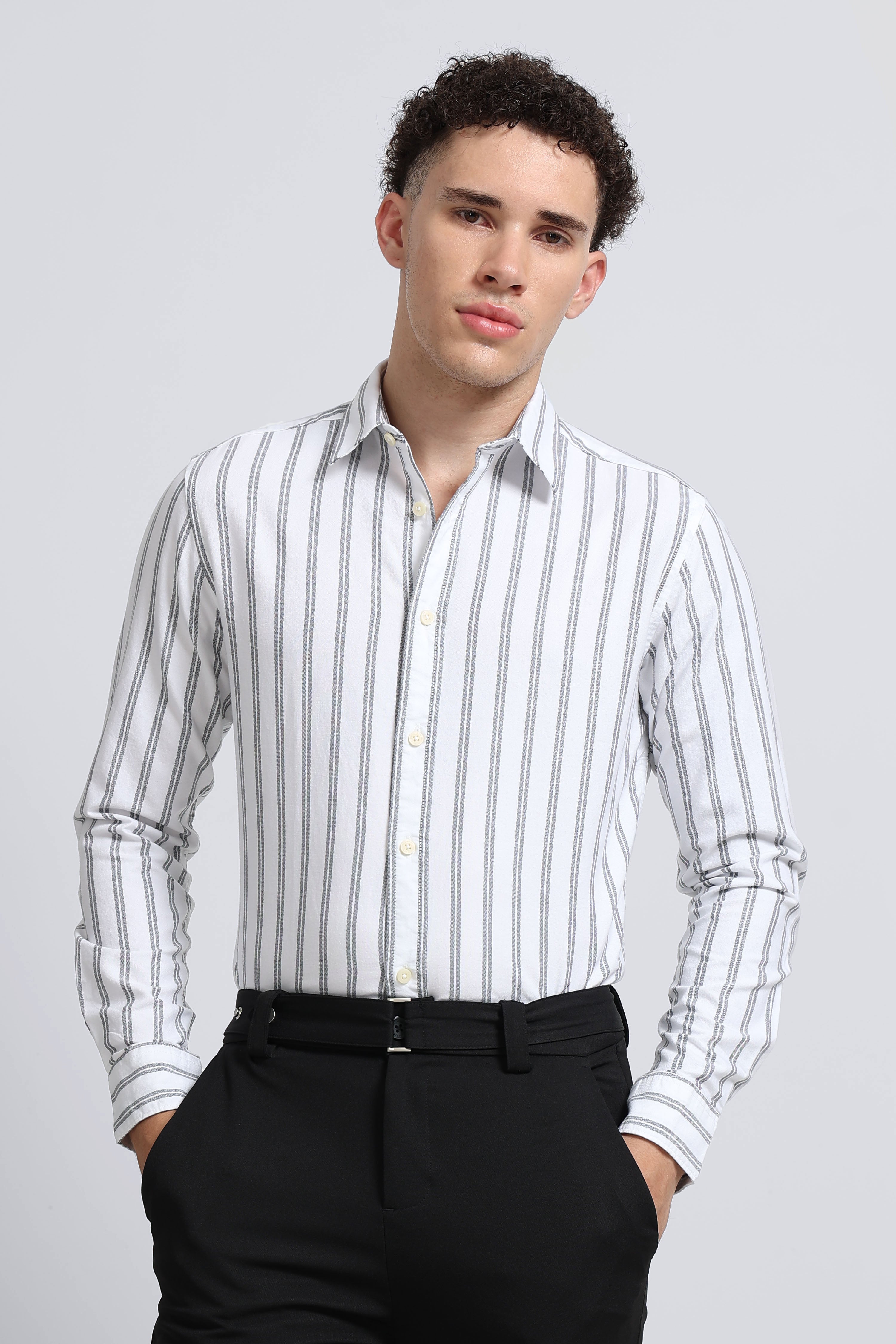 Men White Classic Striped Cotton Shirt