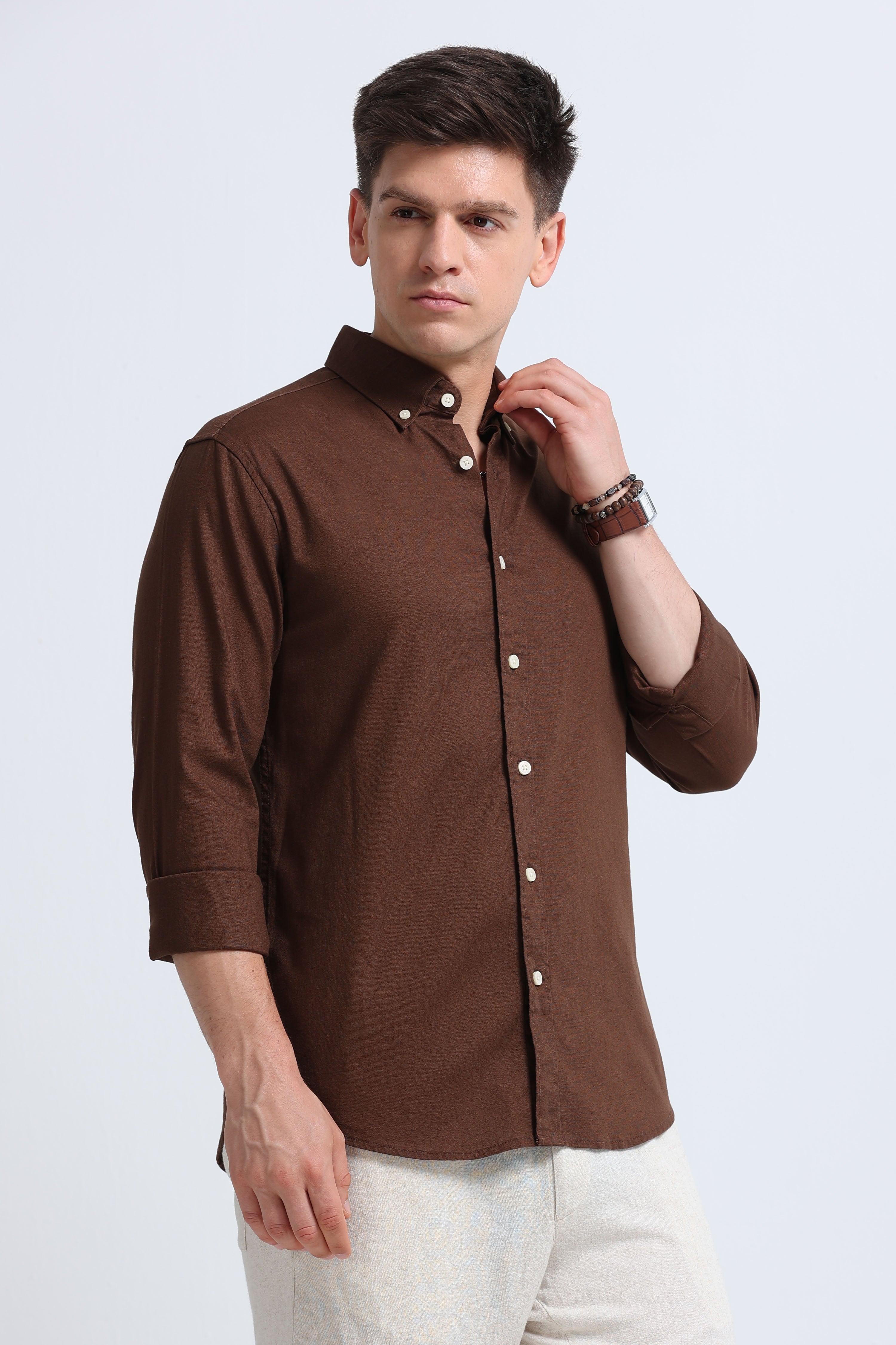 Men Brown Button-Down Shirt