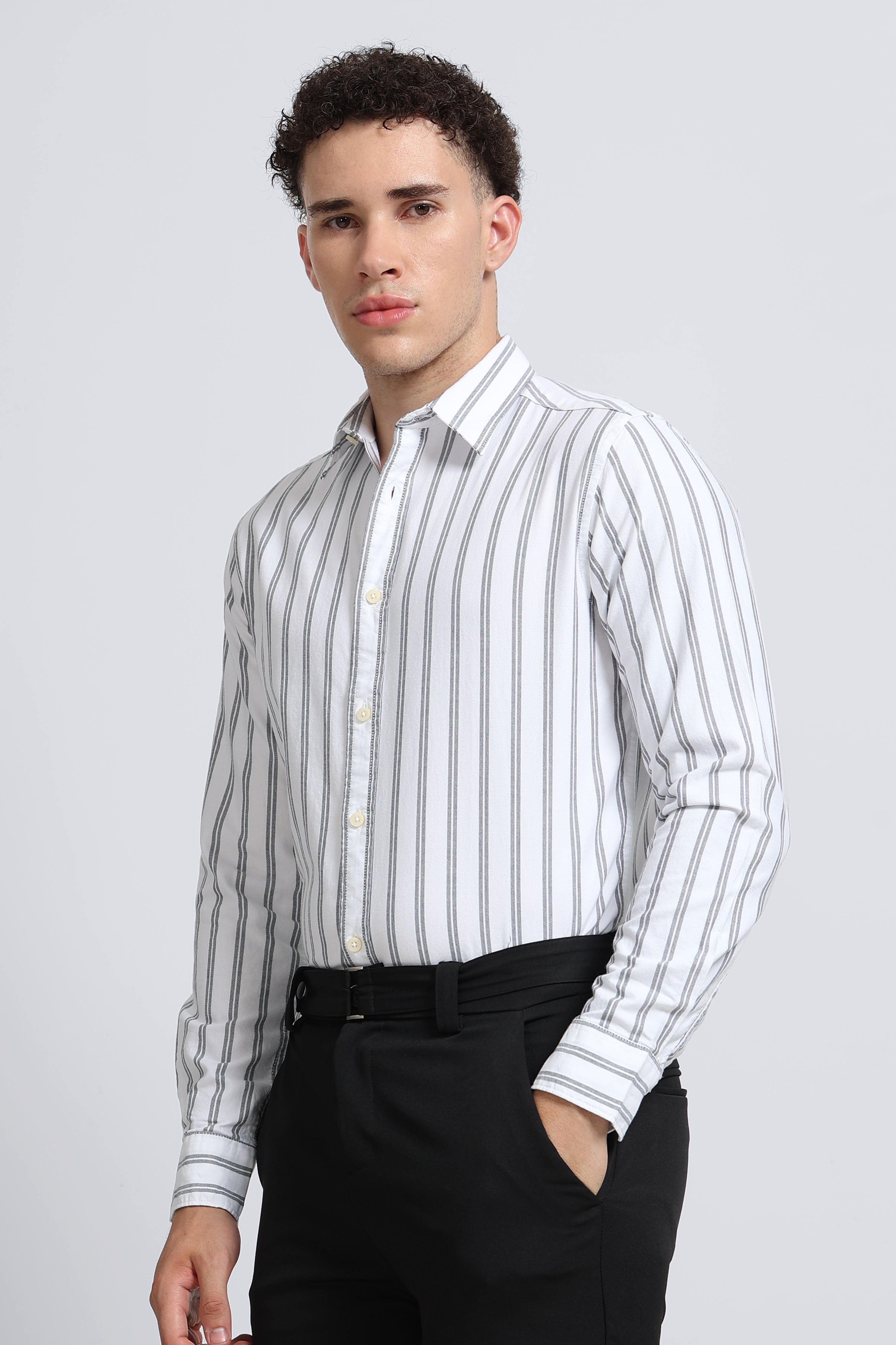Men White Classic Striped Cotton Shirt