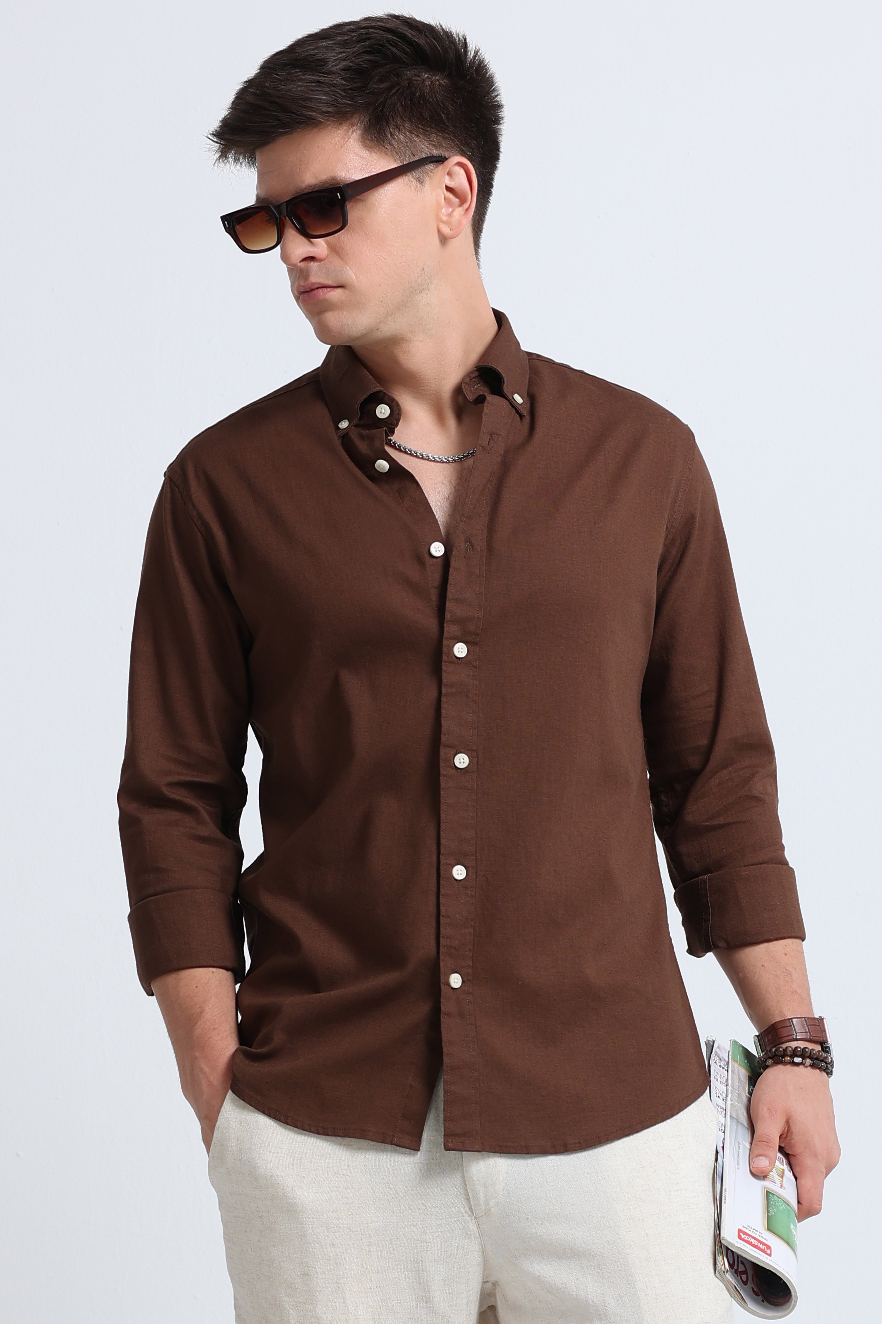 Men Brown Button-Down Shirt