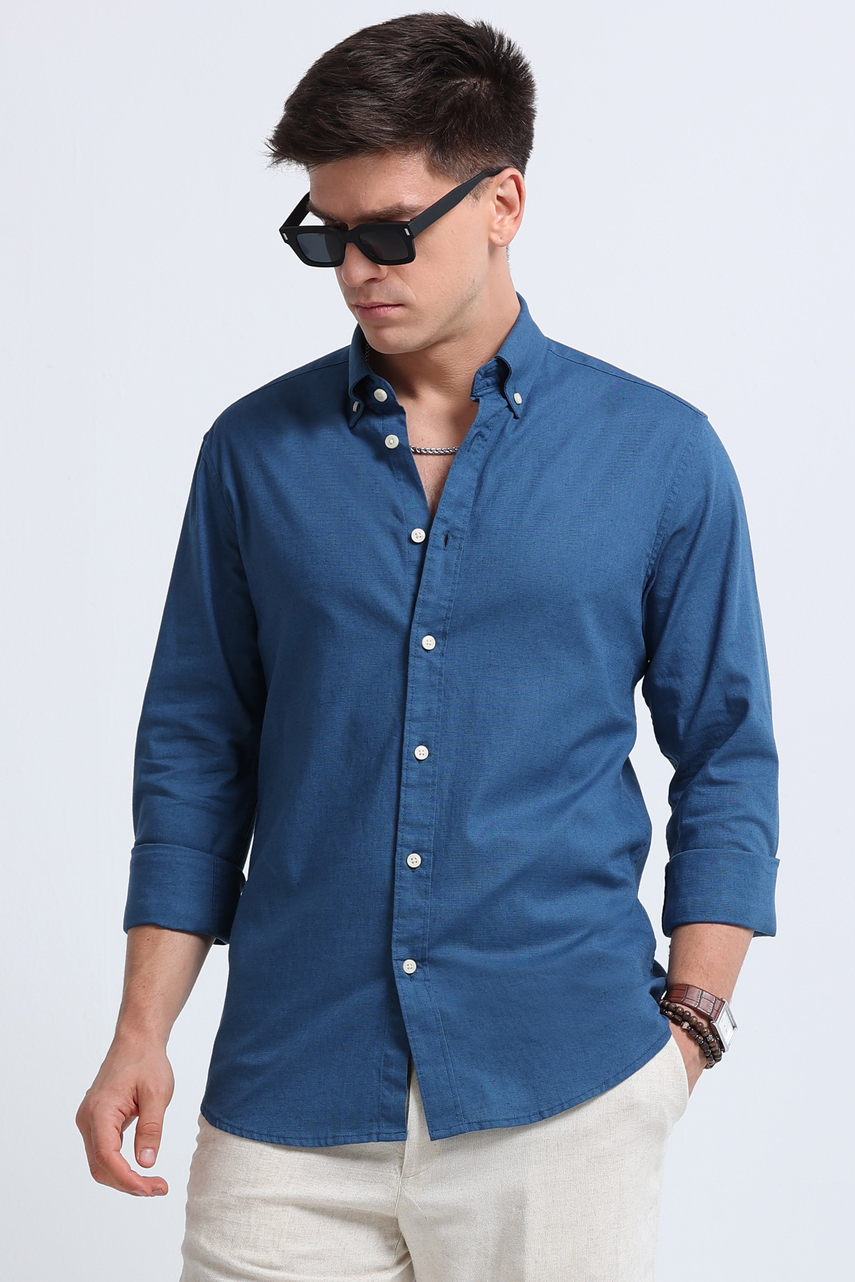 Men Blue Button-Down Shirt
