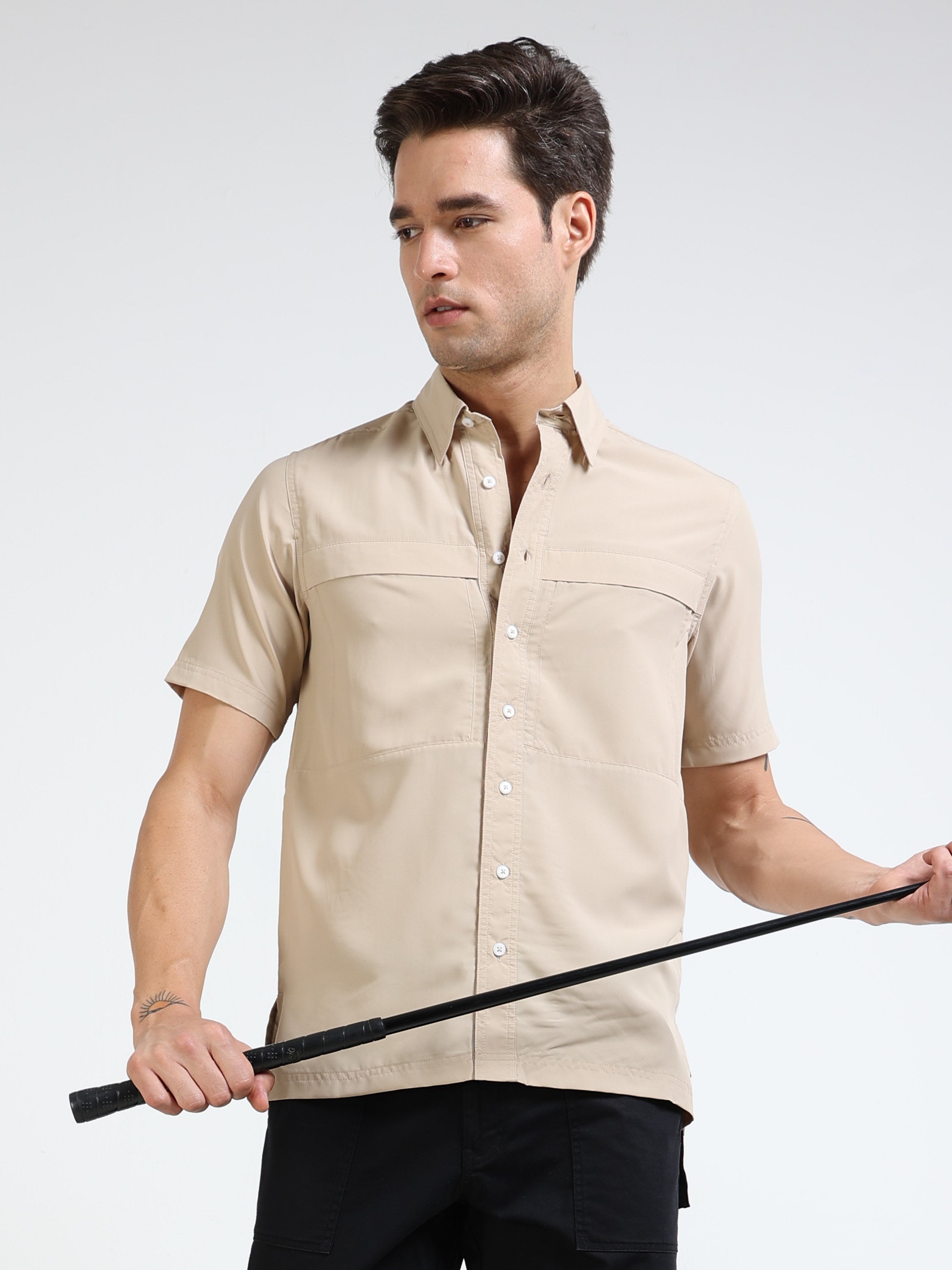 Men Khaki Parachute Material Half Shirt