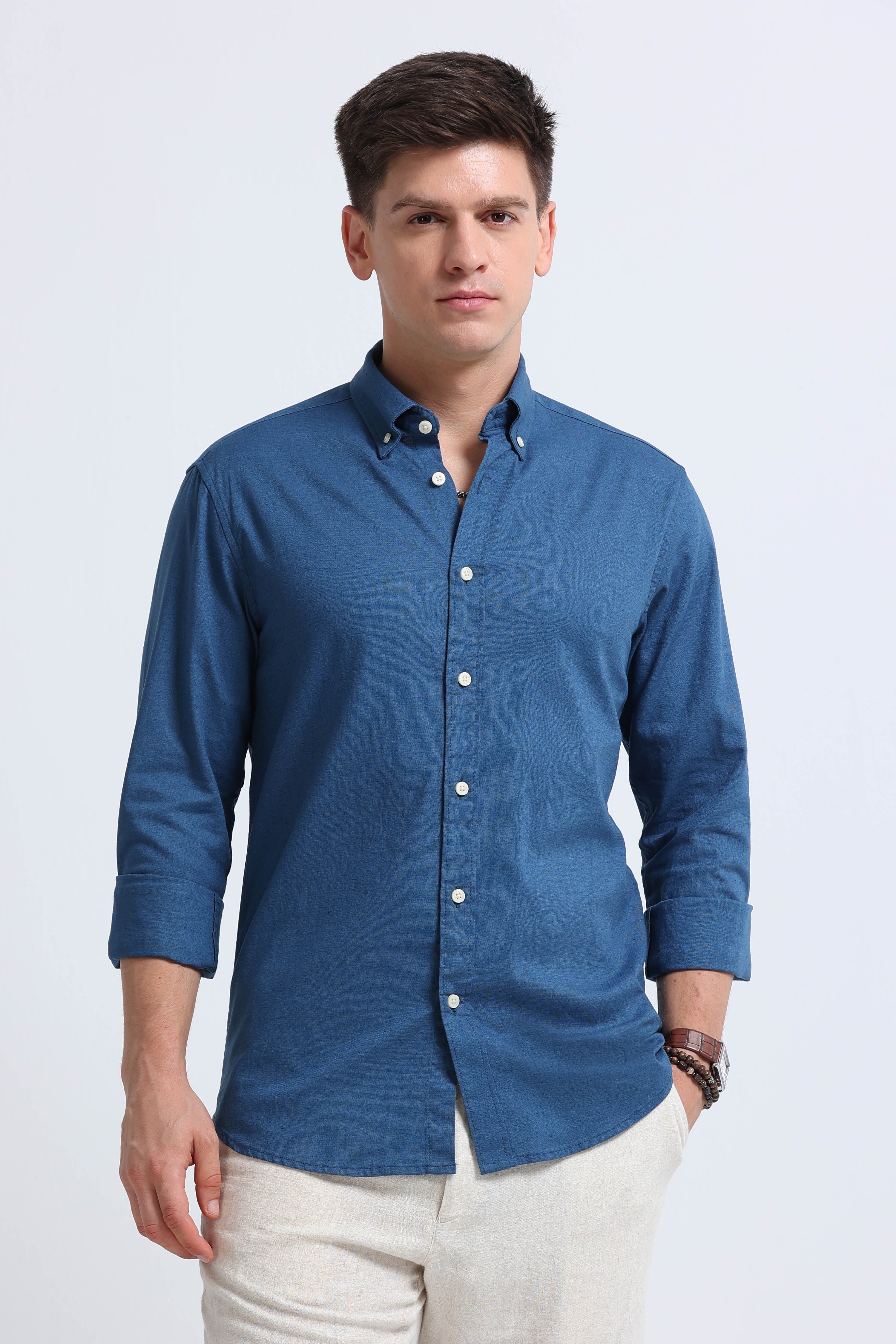 Men Blue Button-Down Shirt