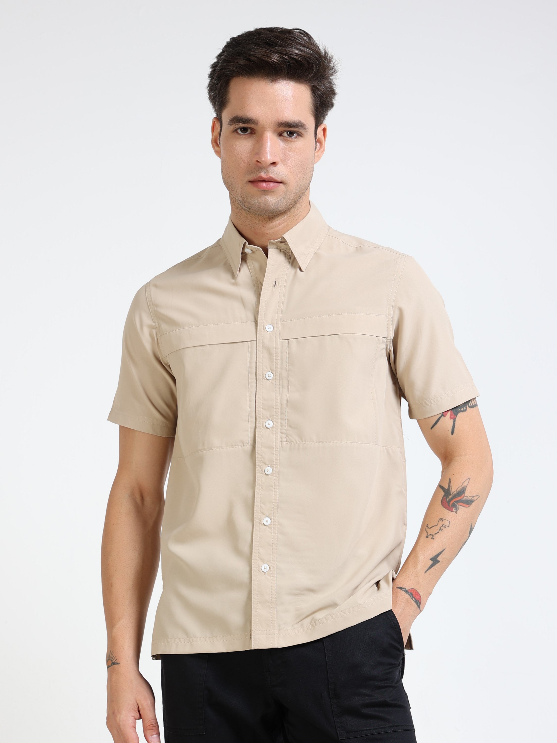 Men Khaki Parachute Material Half Shirt