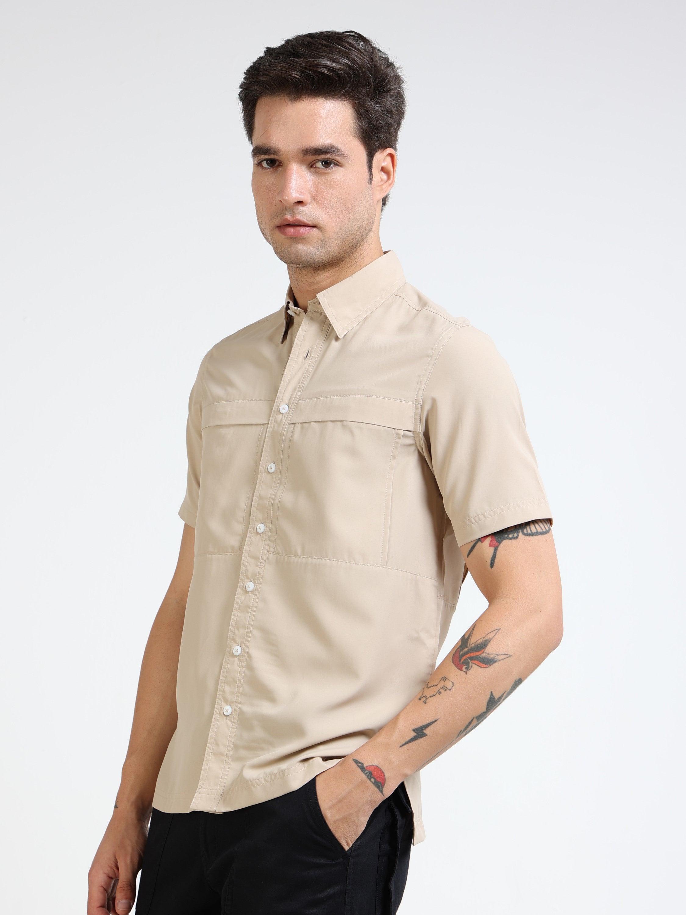 Men Khaki Parachute Material Half Shirt