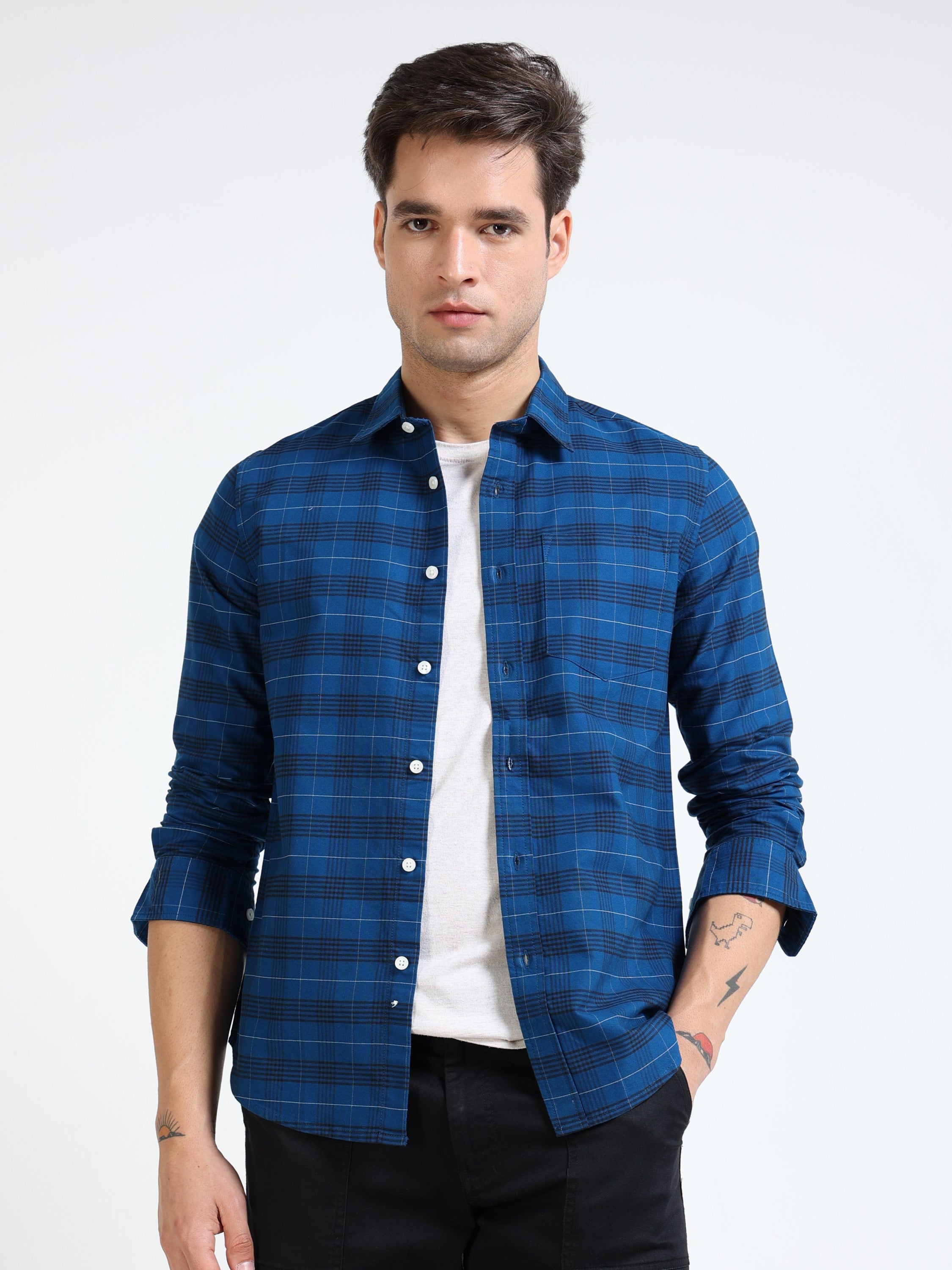 Men Blue & Black Check Slim Fit Shirt