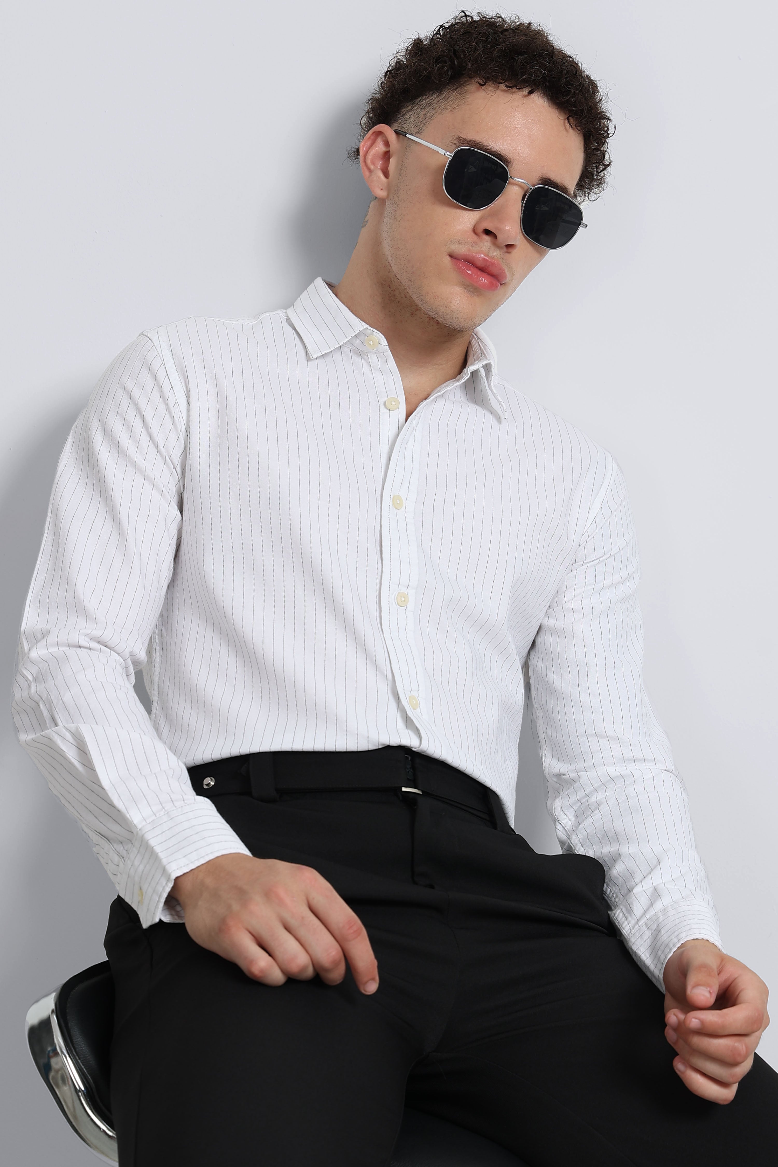 Men White Striped Cotton Shirt
