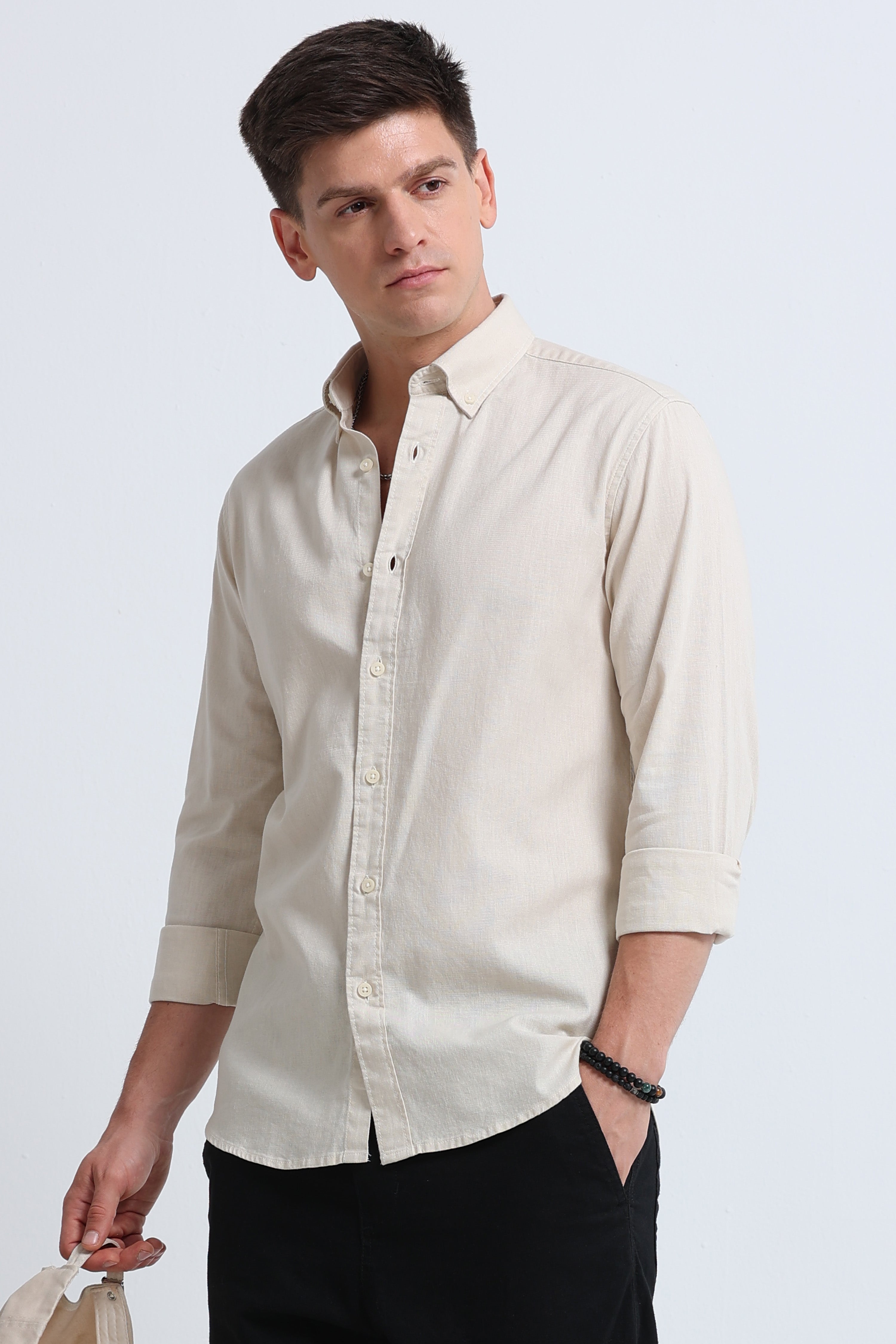 Men Cream Button-Down Shirt
