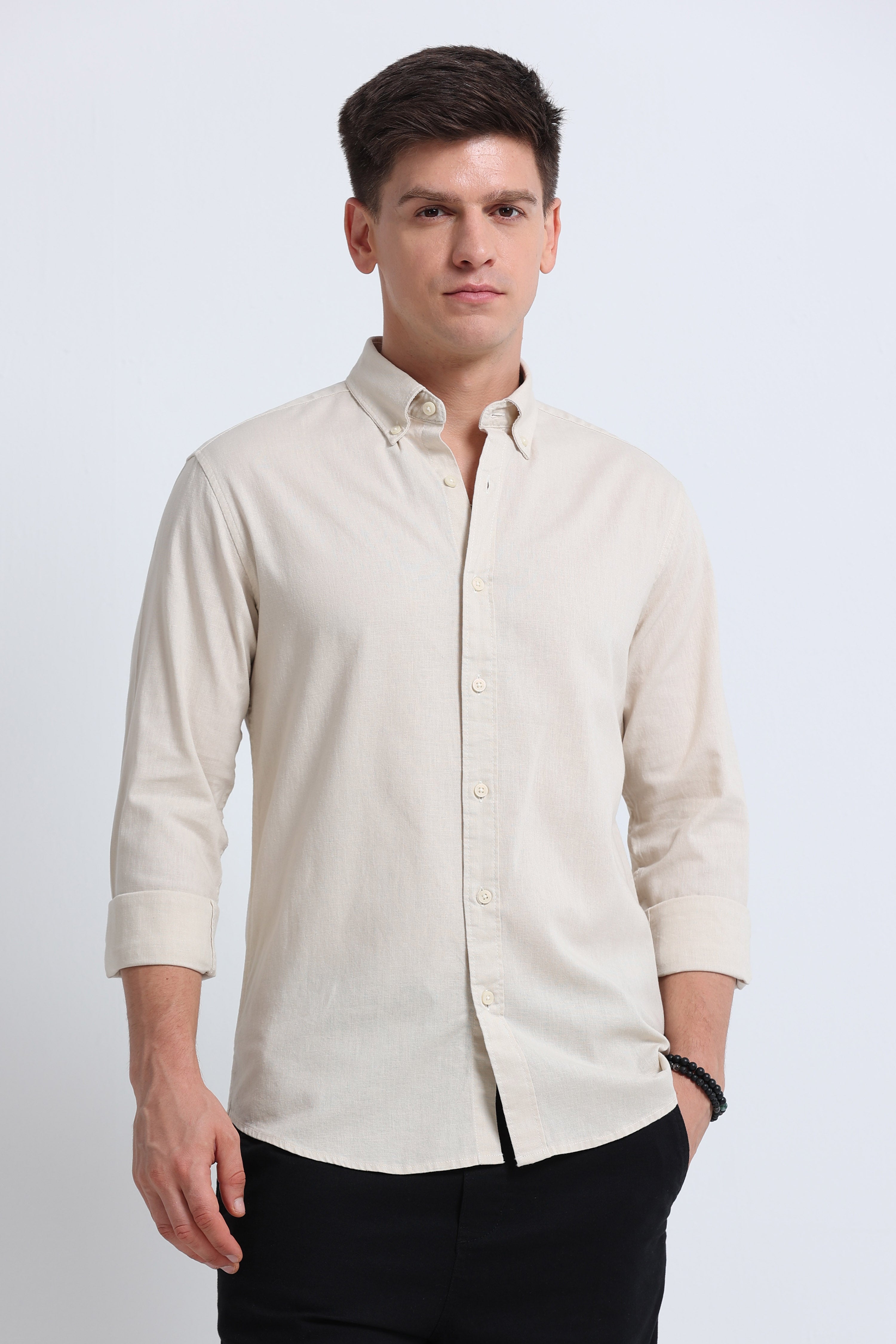 Men Cream Button-Down Shirt