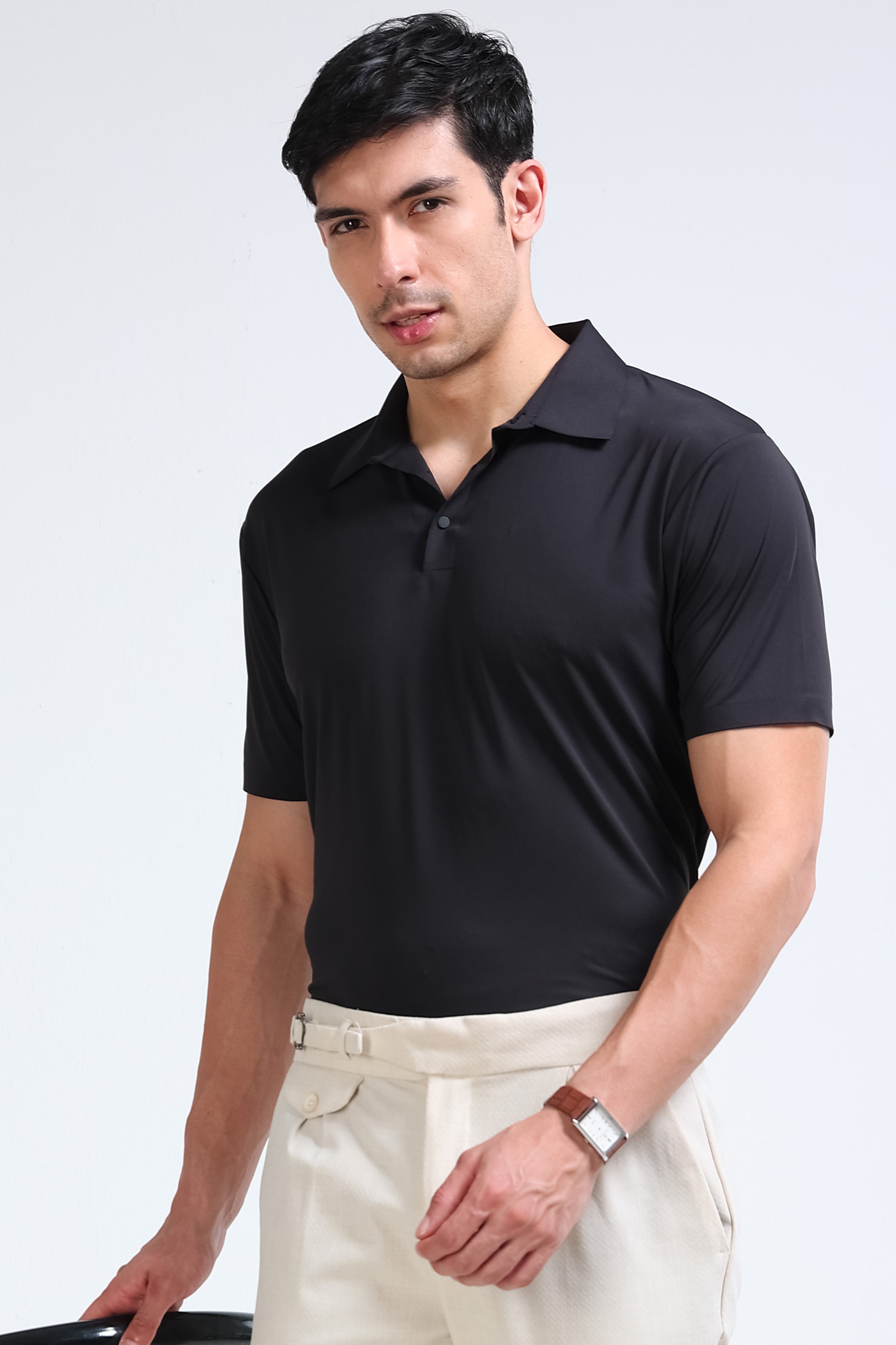 Men Black Viscose Polo T-Shirt