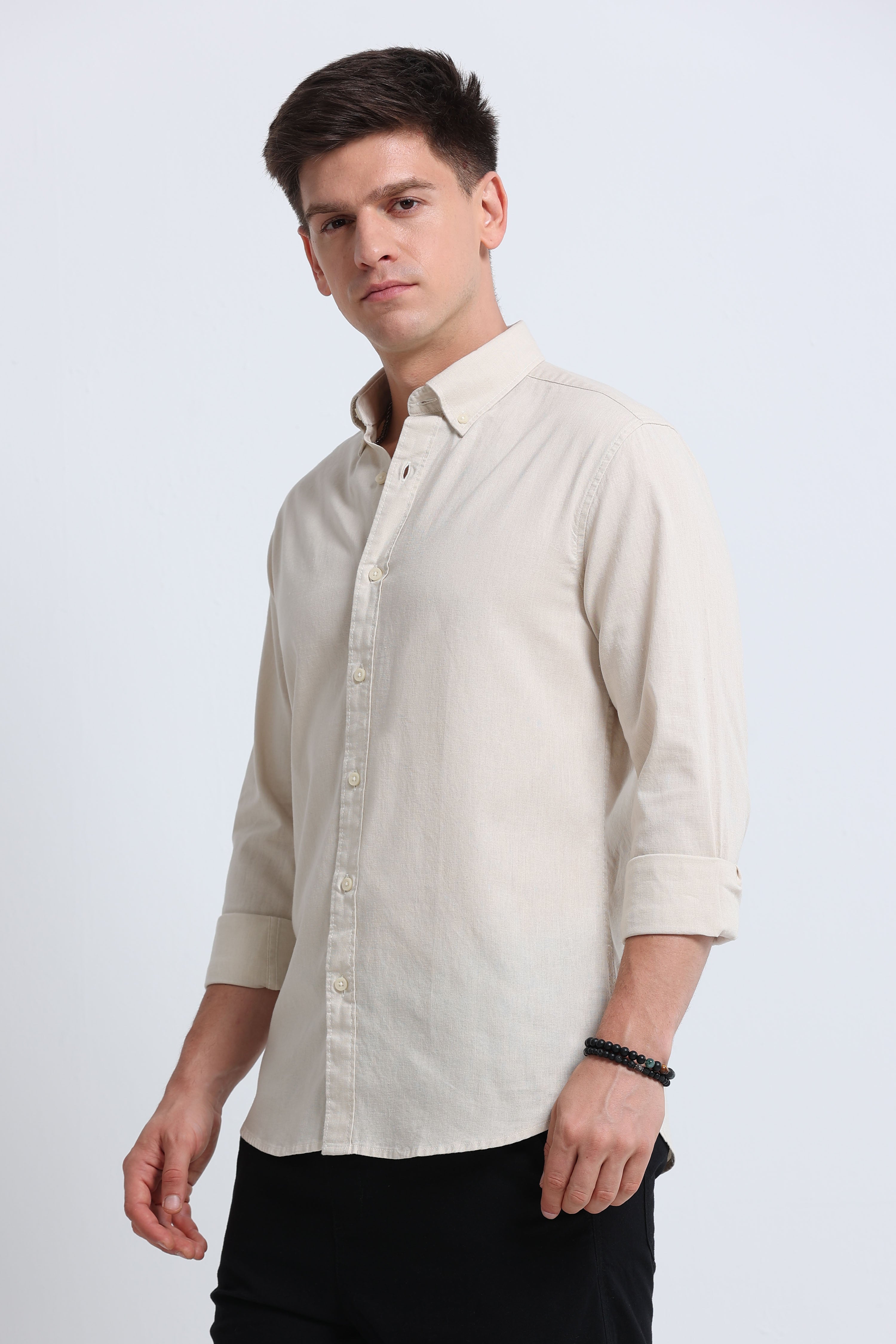 Men Cream Button-Down Shirt