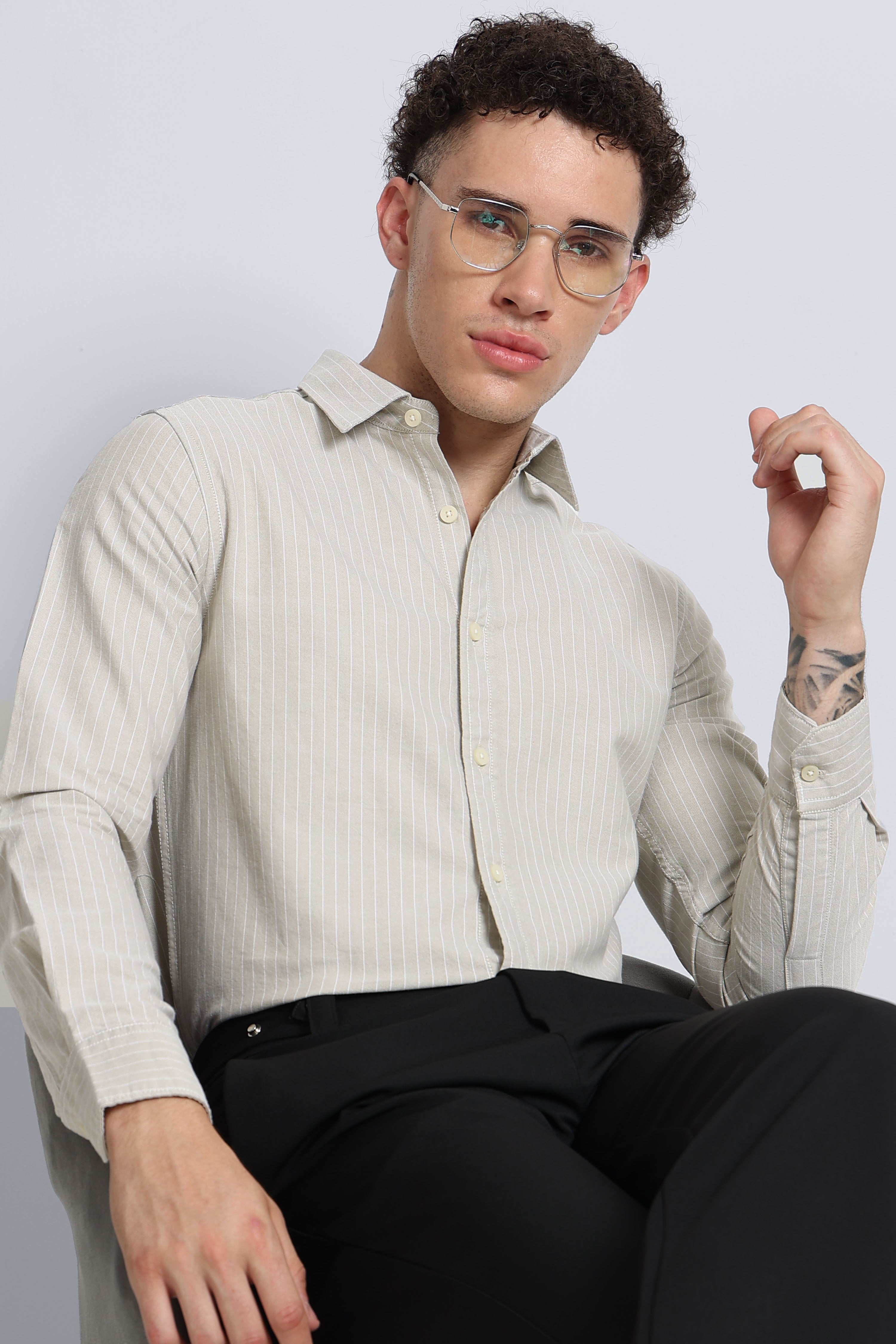 Men Beige Striped Cotton Shirt