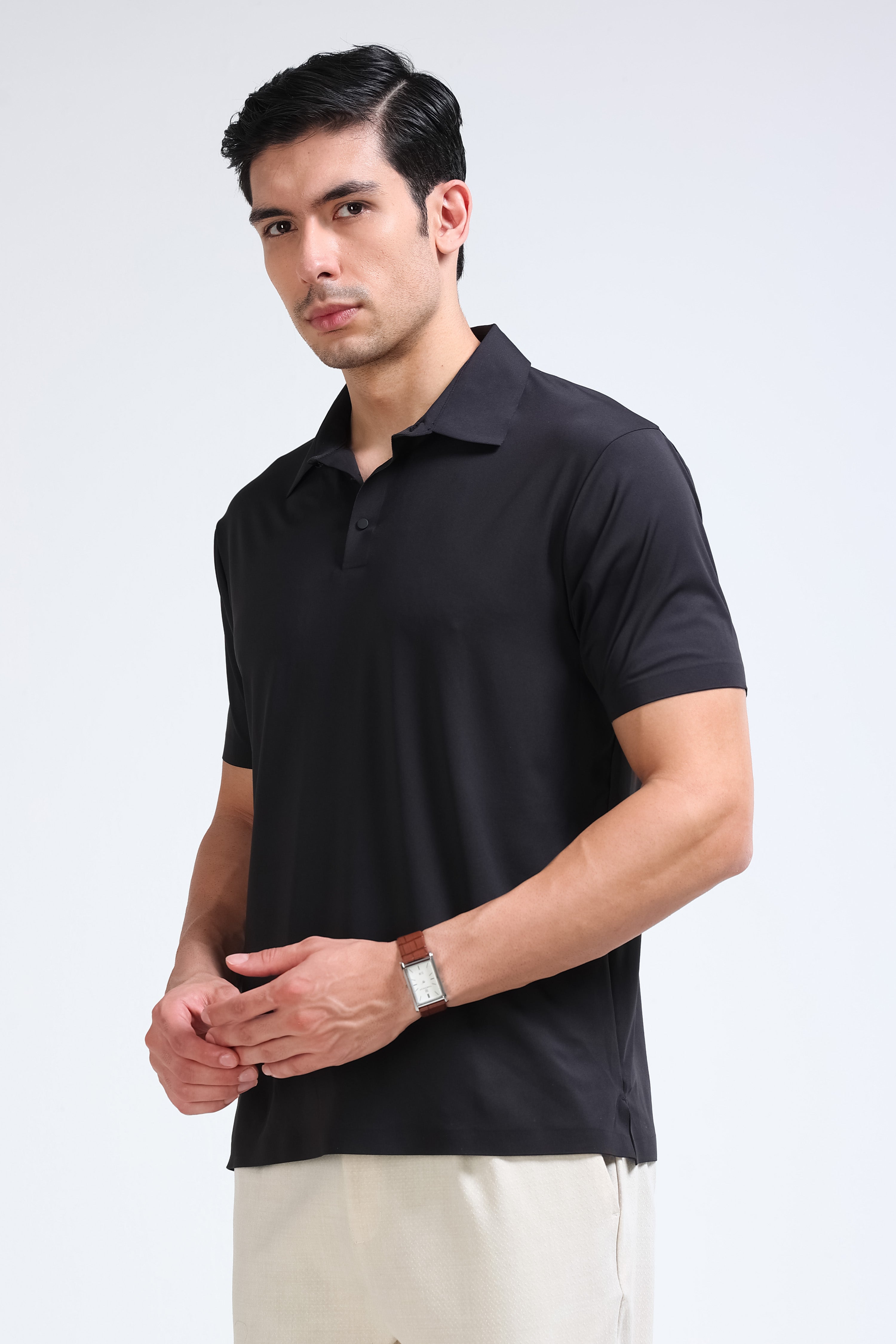 Men Black Viscose Polo T-Shirt