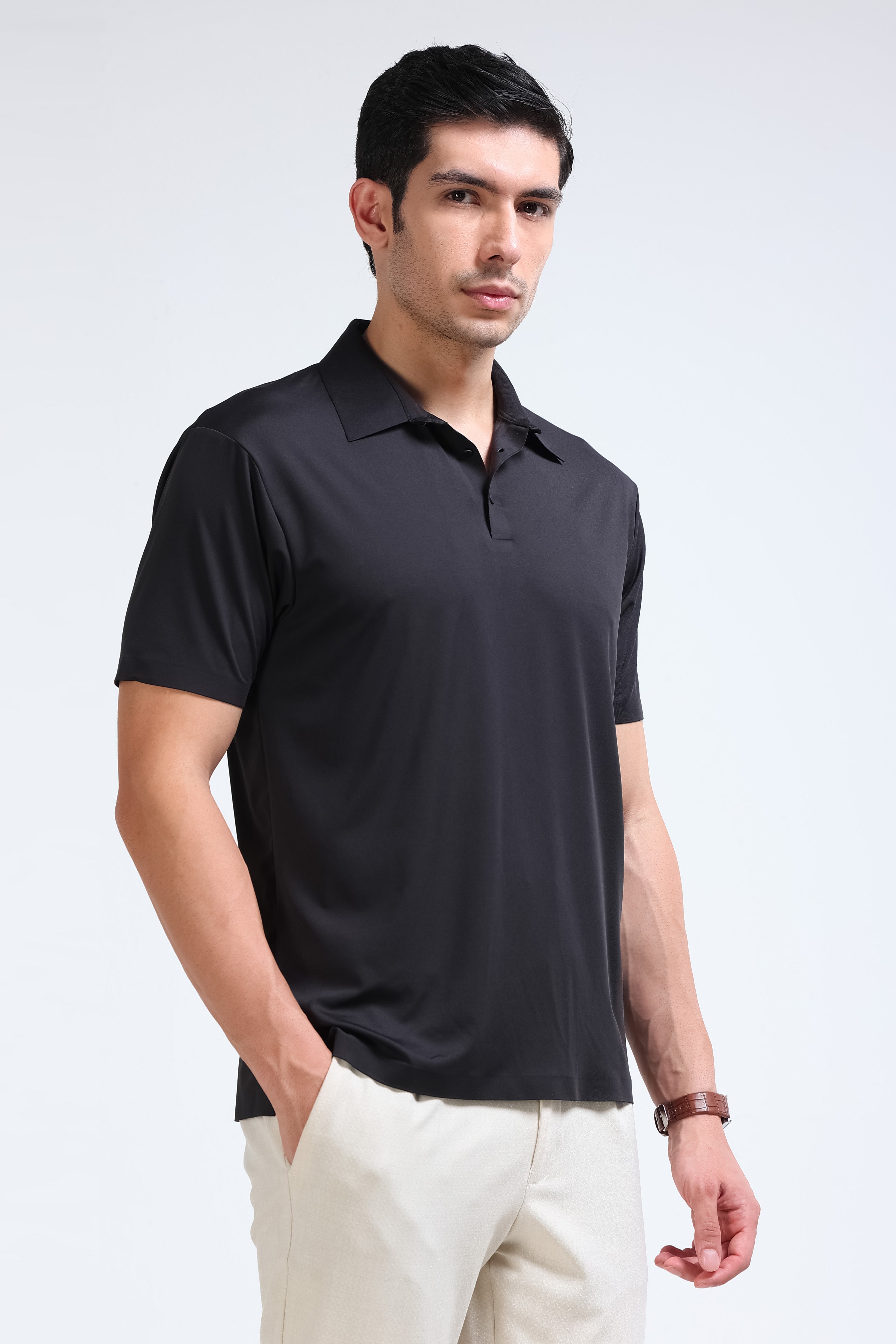 Men Black Viscose Polo T-Shirt