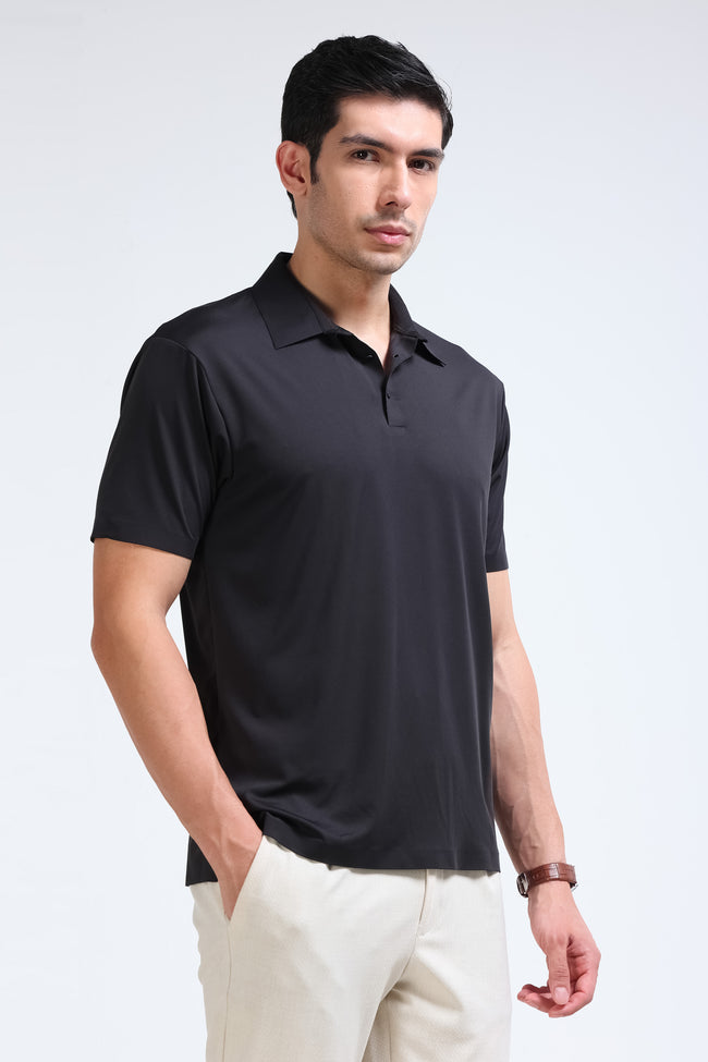 Men Black Viscose Polo T-Shirt
