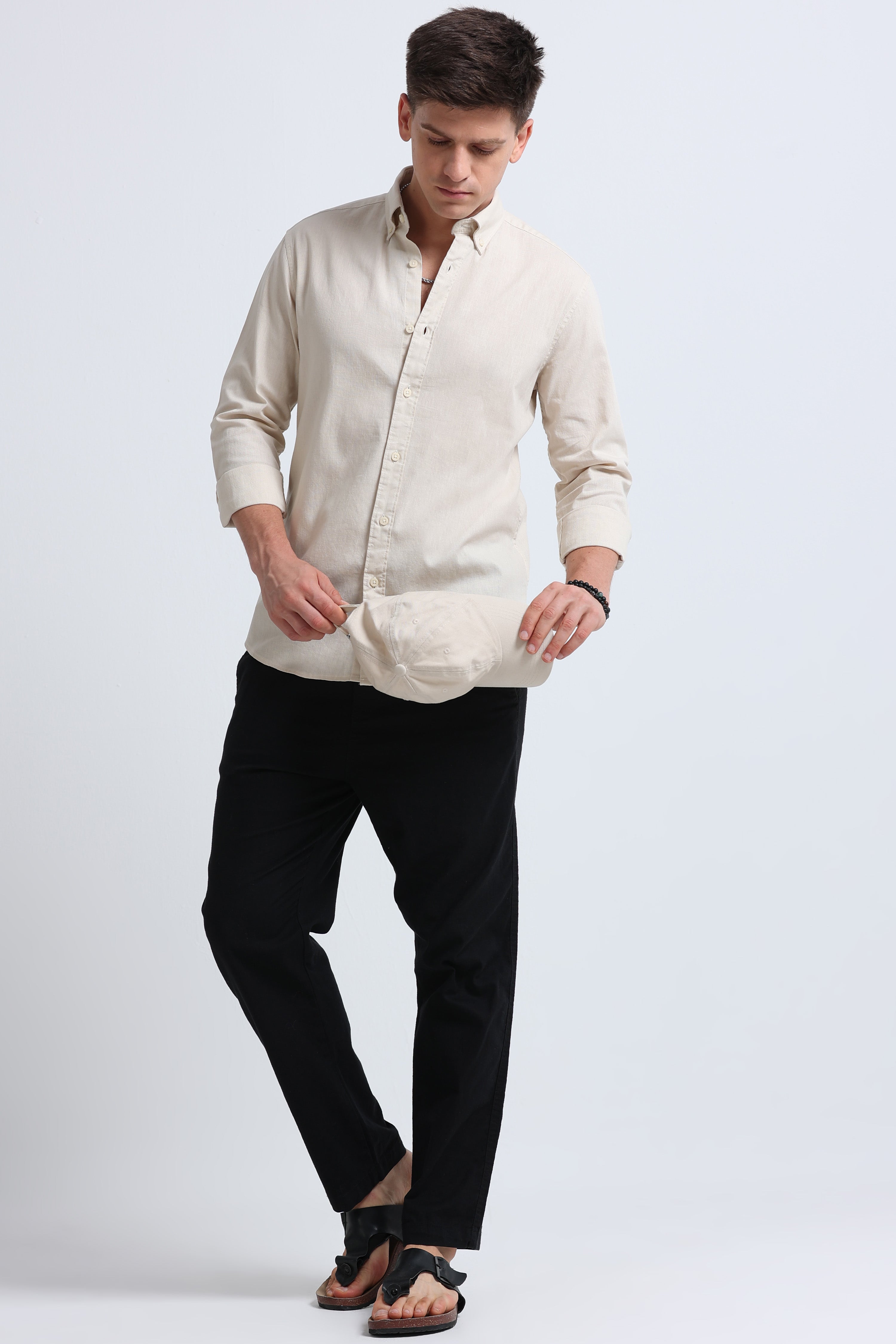 Men Cream Button-Down Shirt