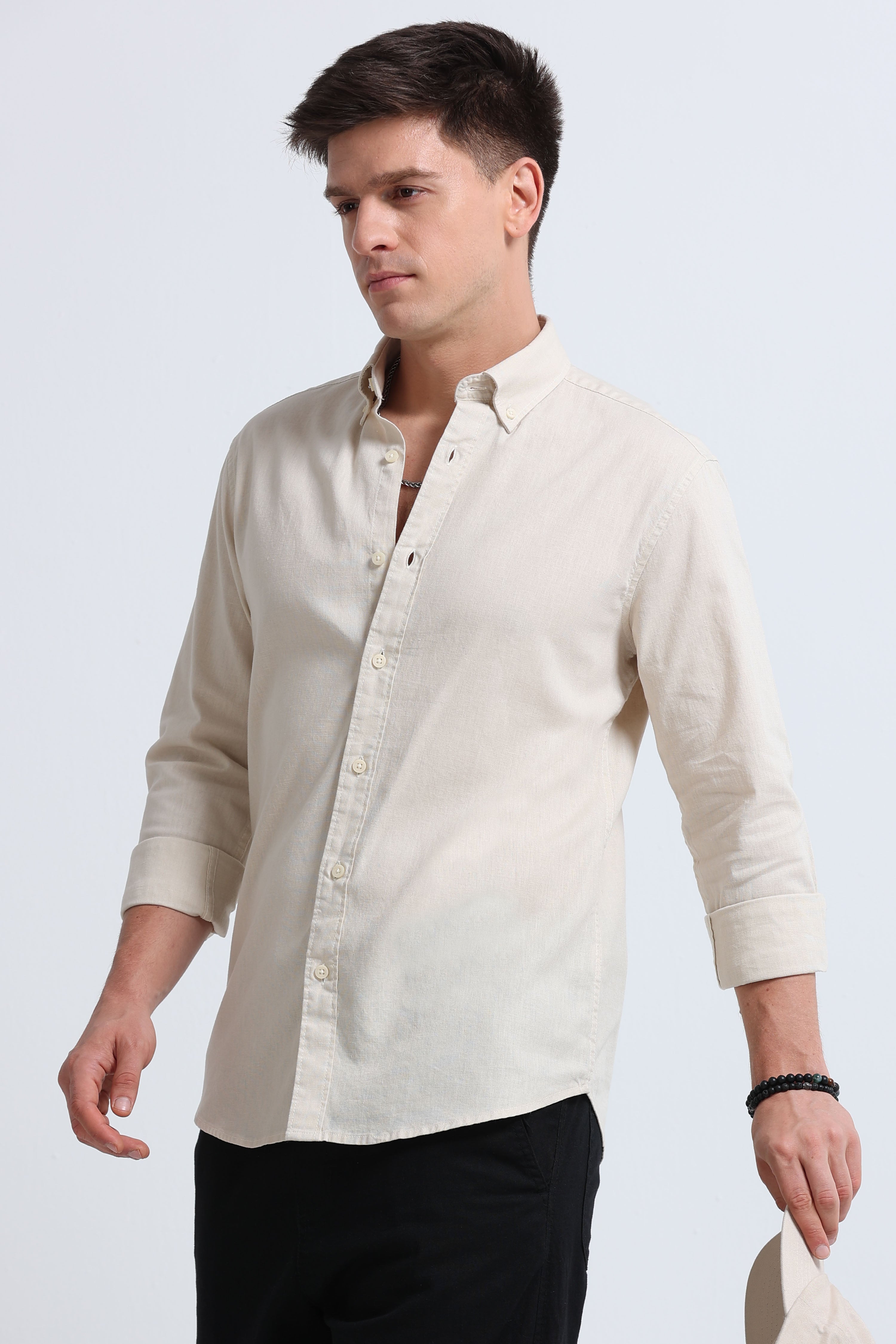 Men Cream Button-Down Shirt