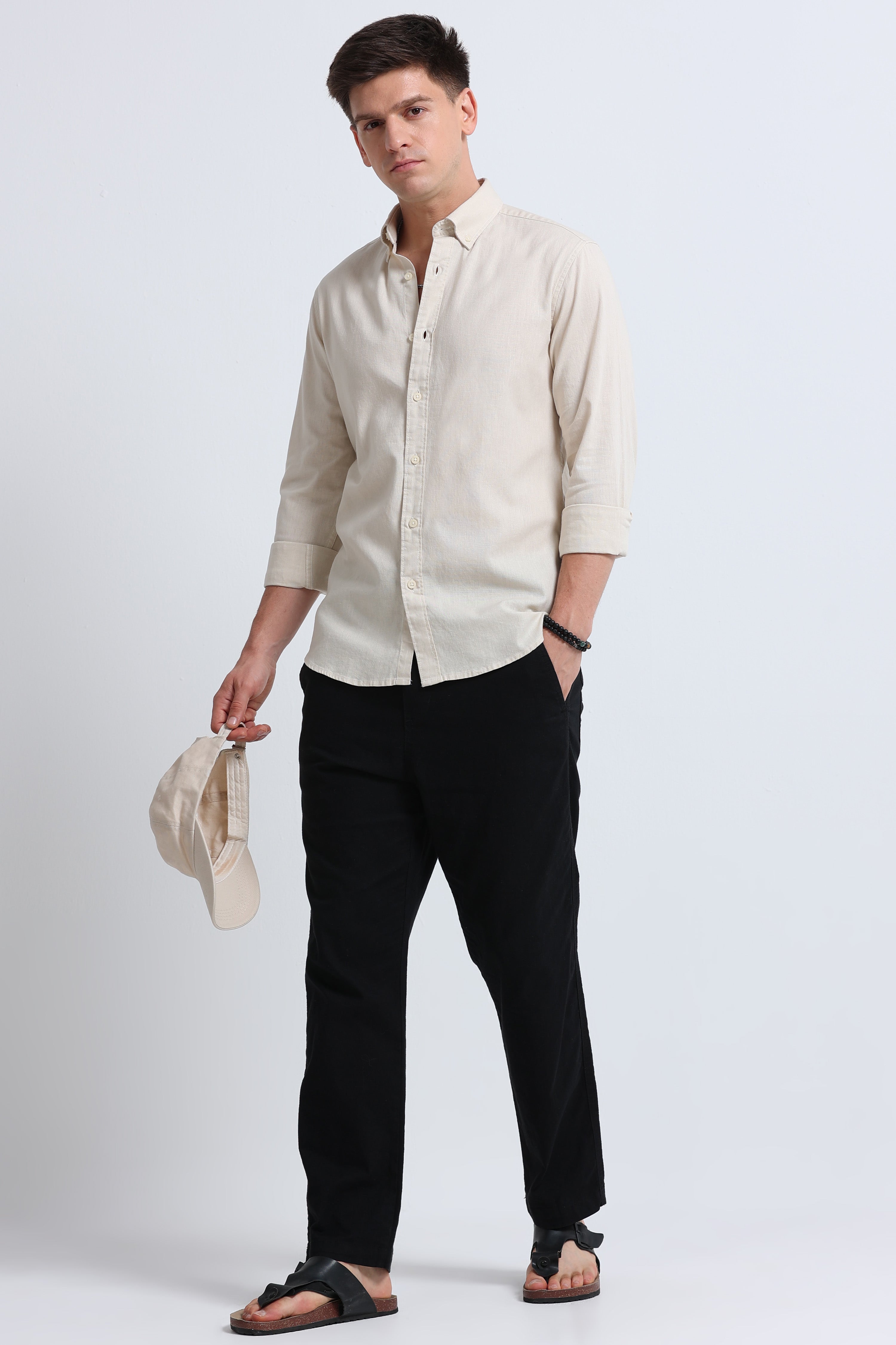 Men Cream Button-Down Shirt