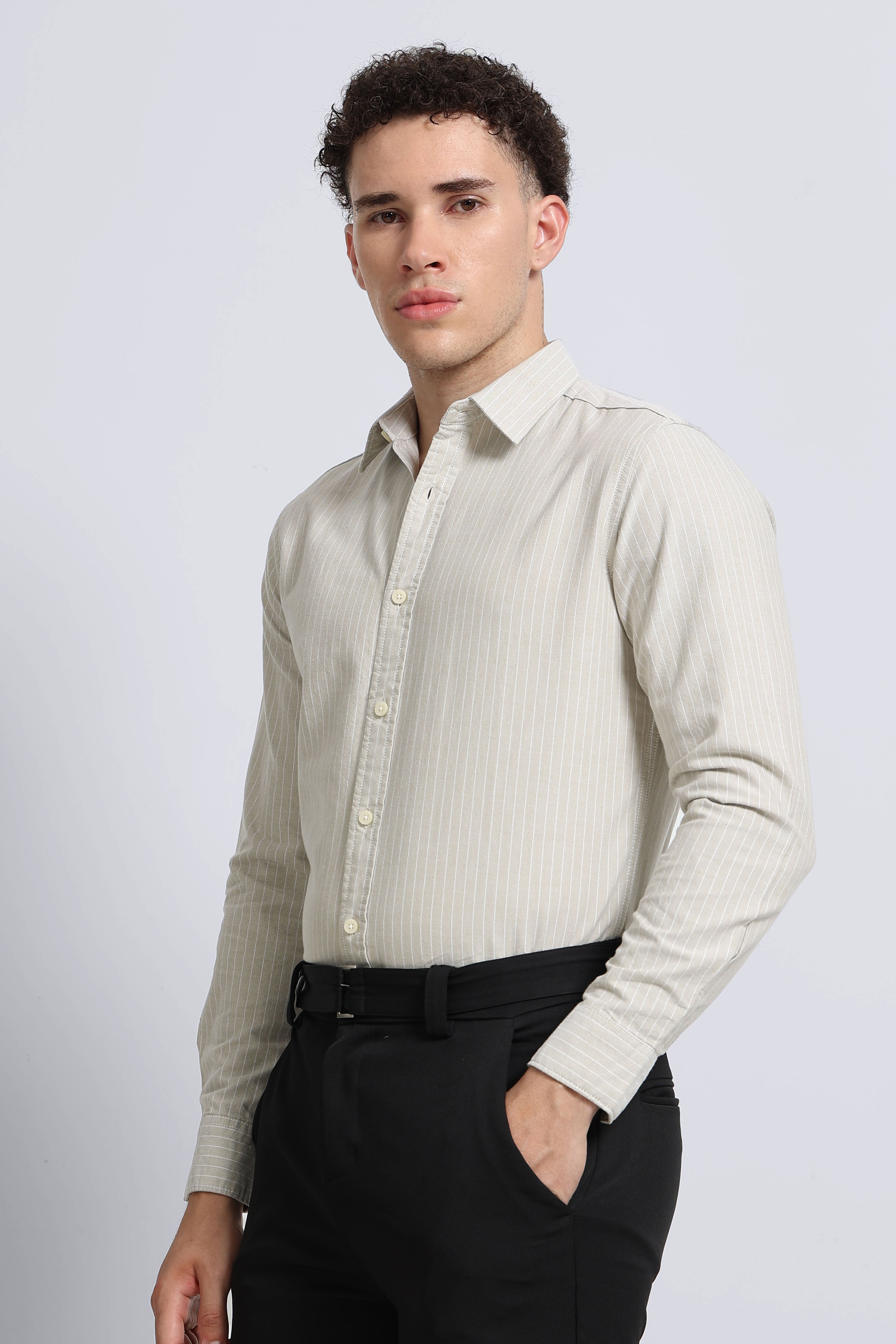 Men Beige Striped Cotton Shirt
