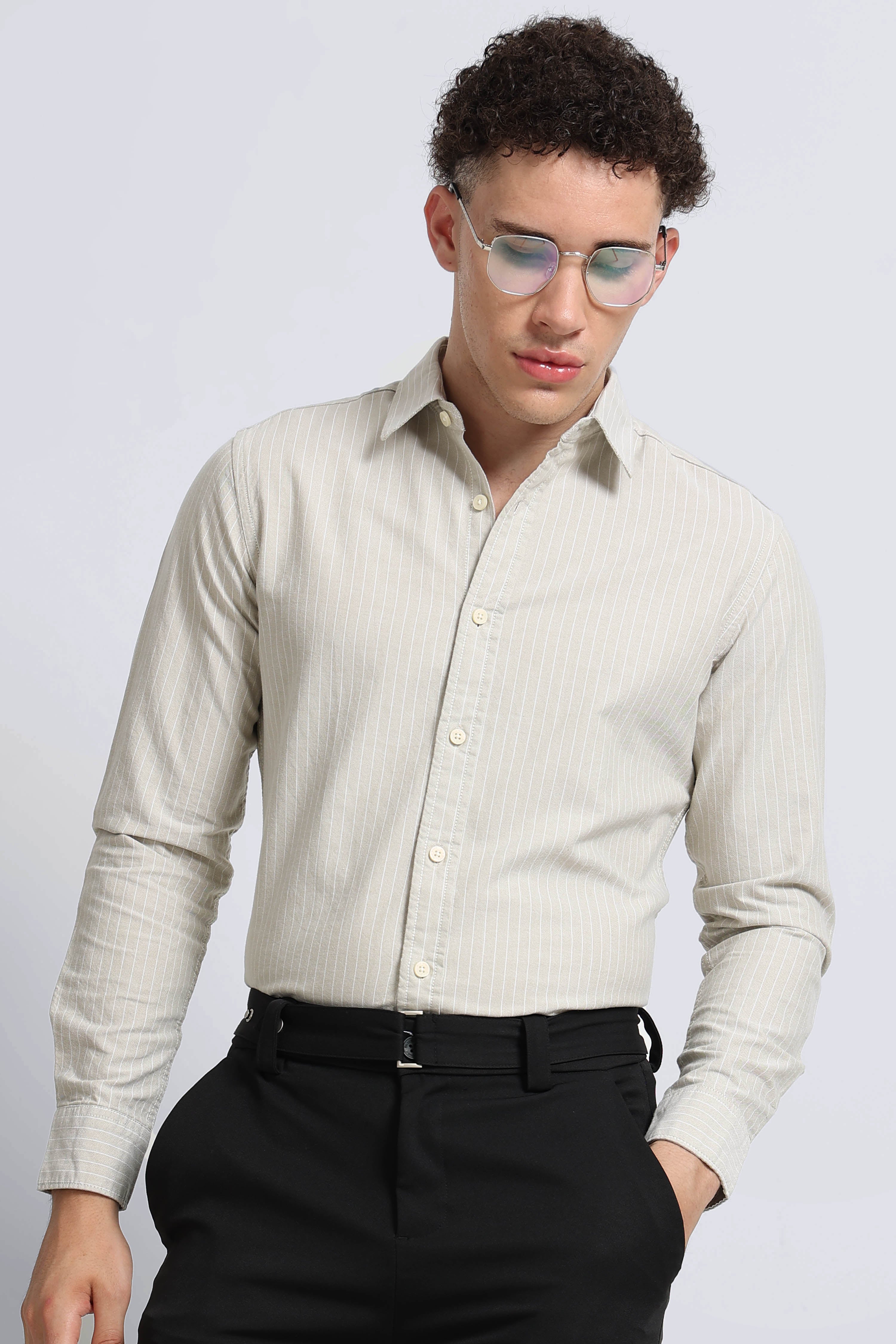 Men Beige Striped Cotton Shirt