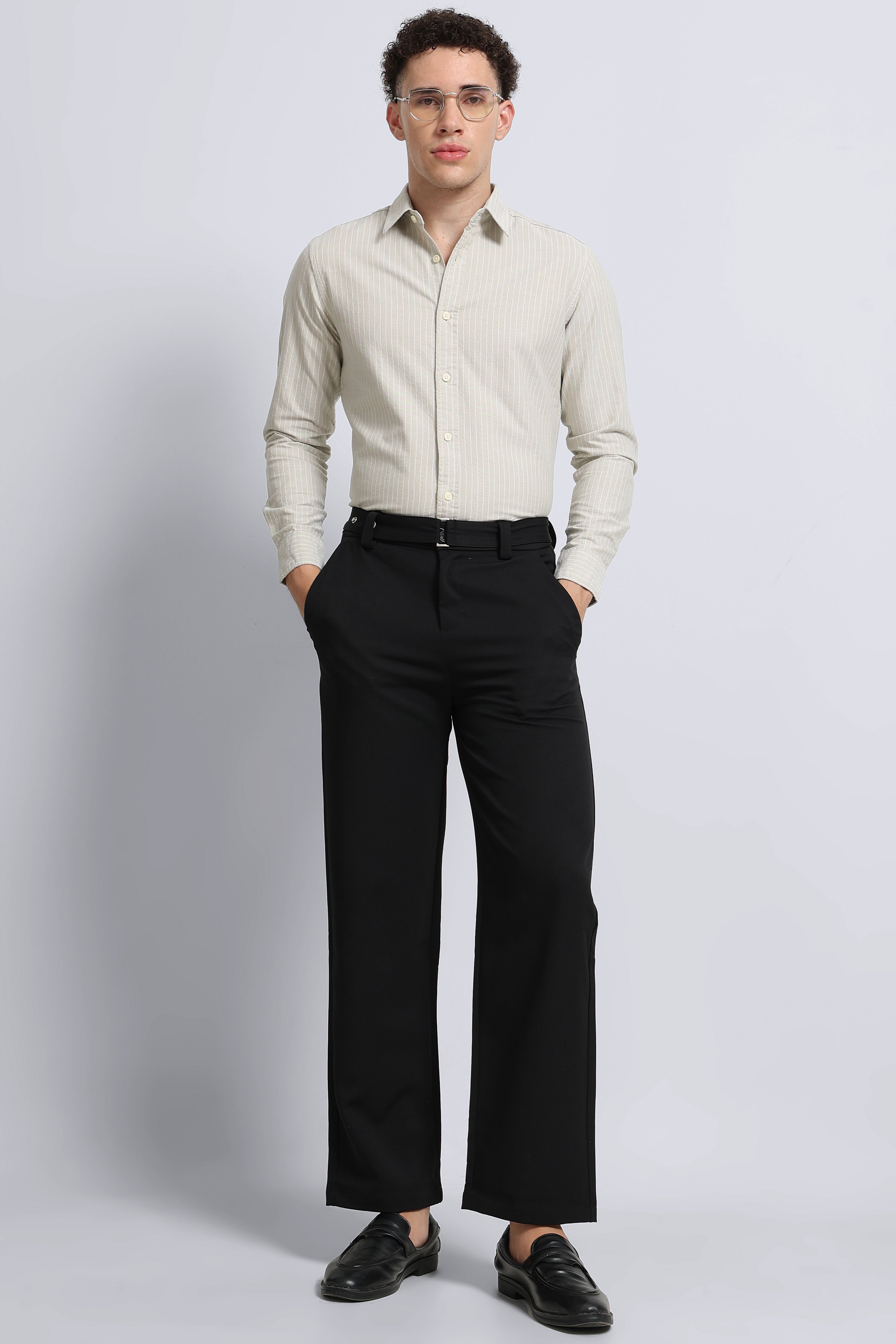 Men Beige Striped Cotton Shirt