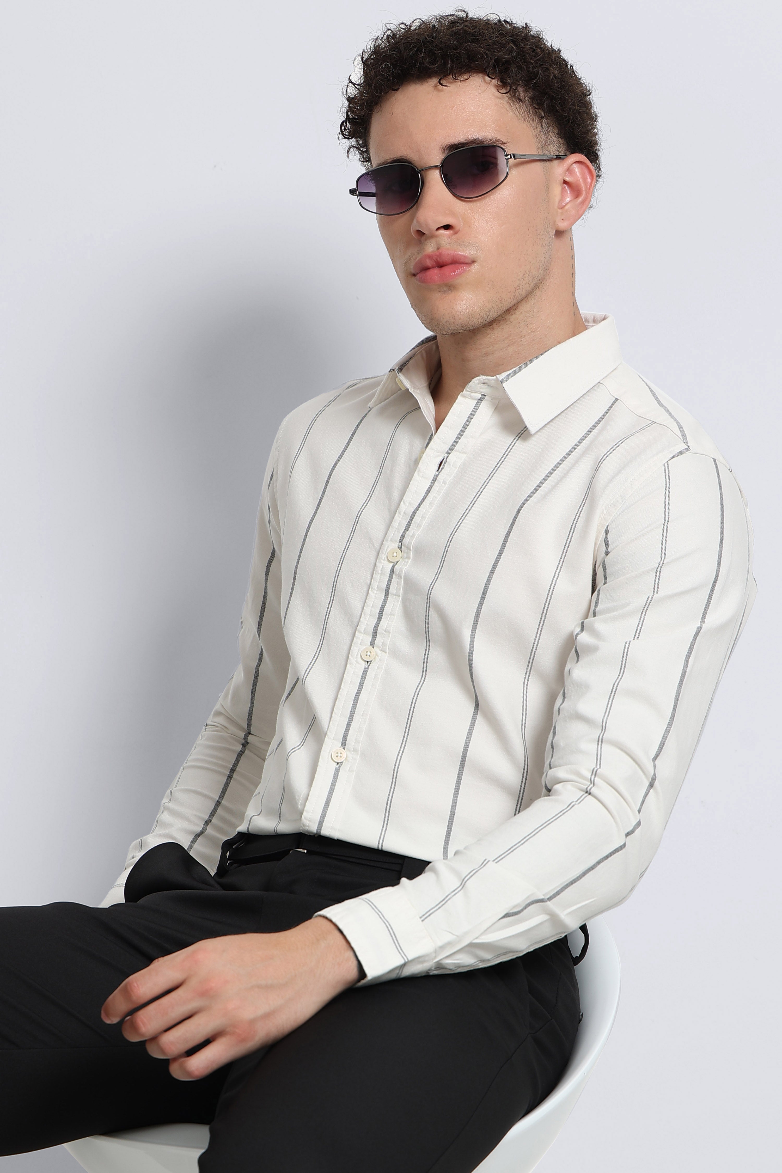 Men Off White Classic Striped Cotton Shirt