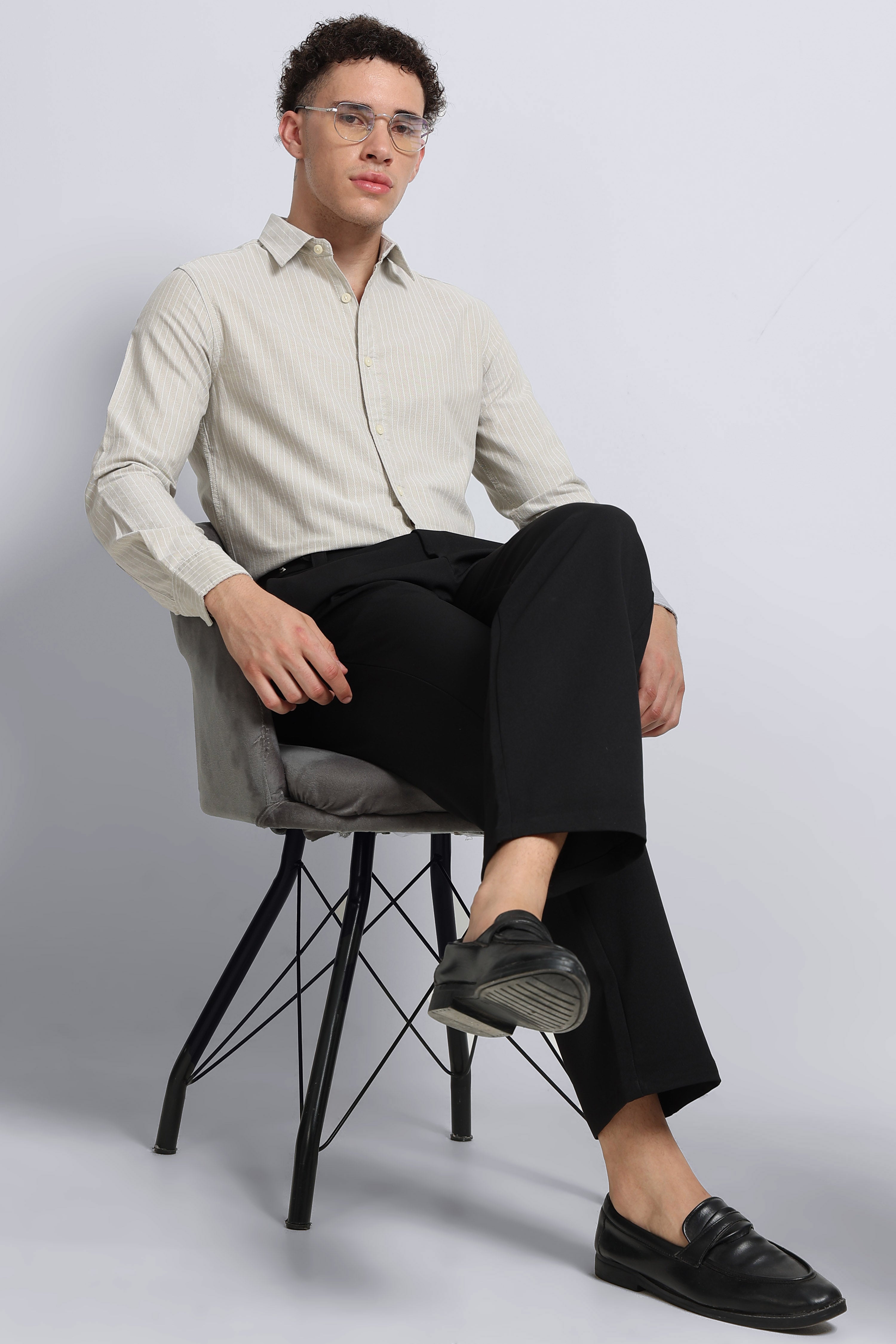 Men Beige Striped Cotton Shirt