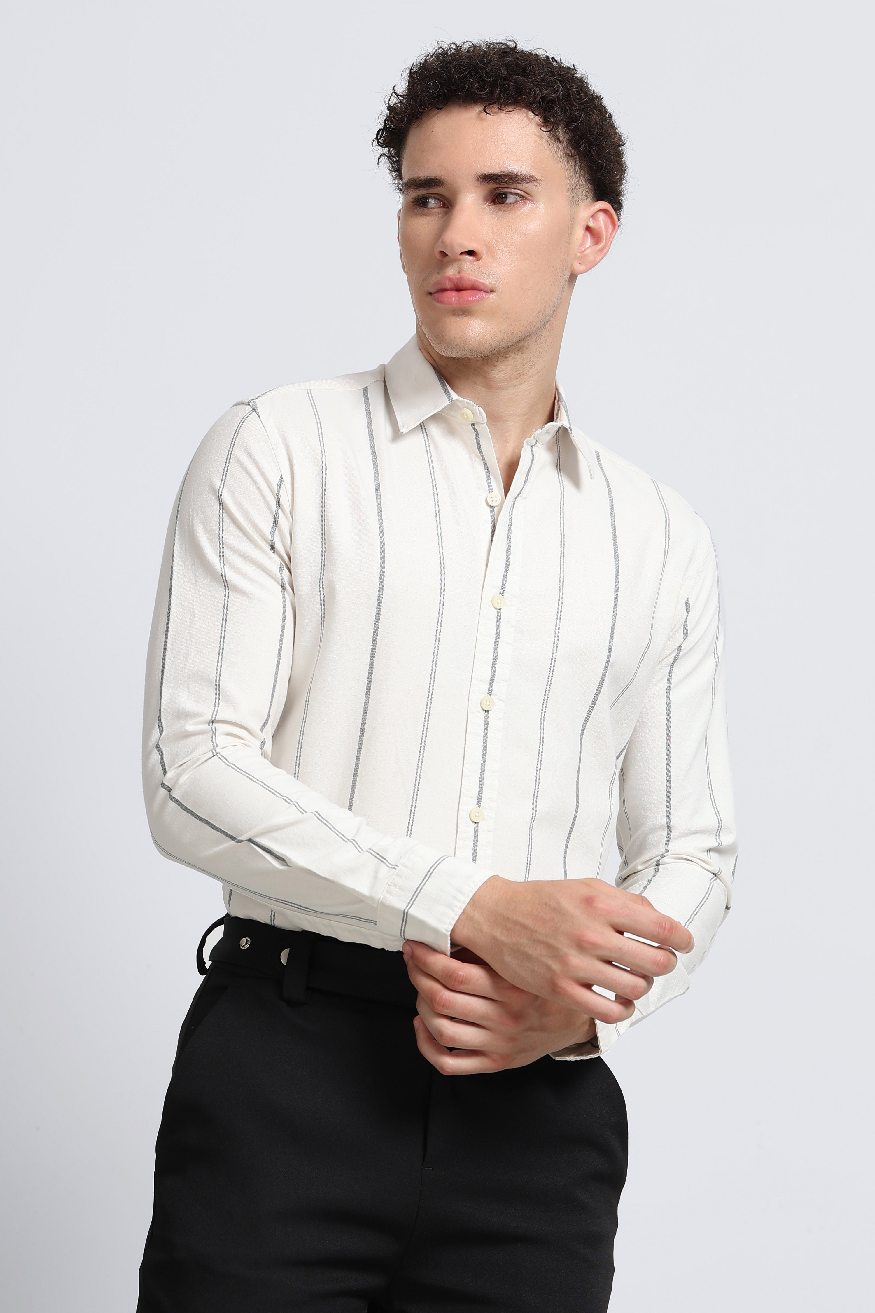 Men Off White Classic Striped Cotton Shirt