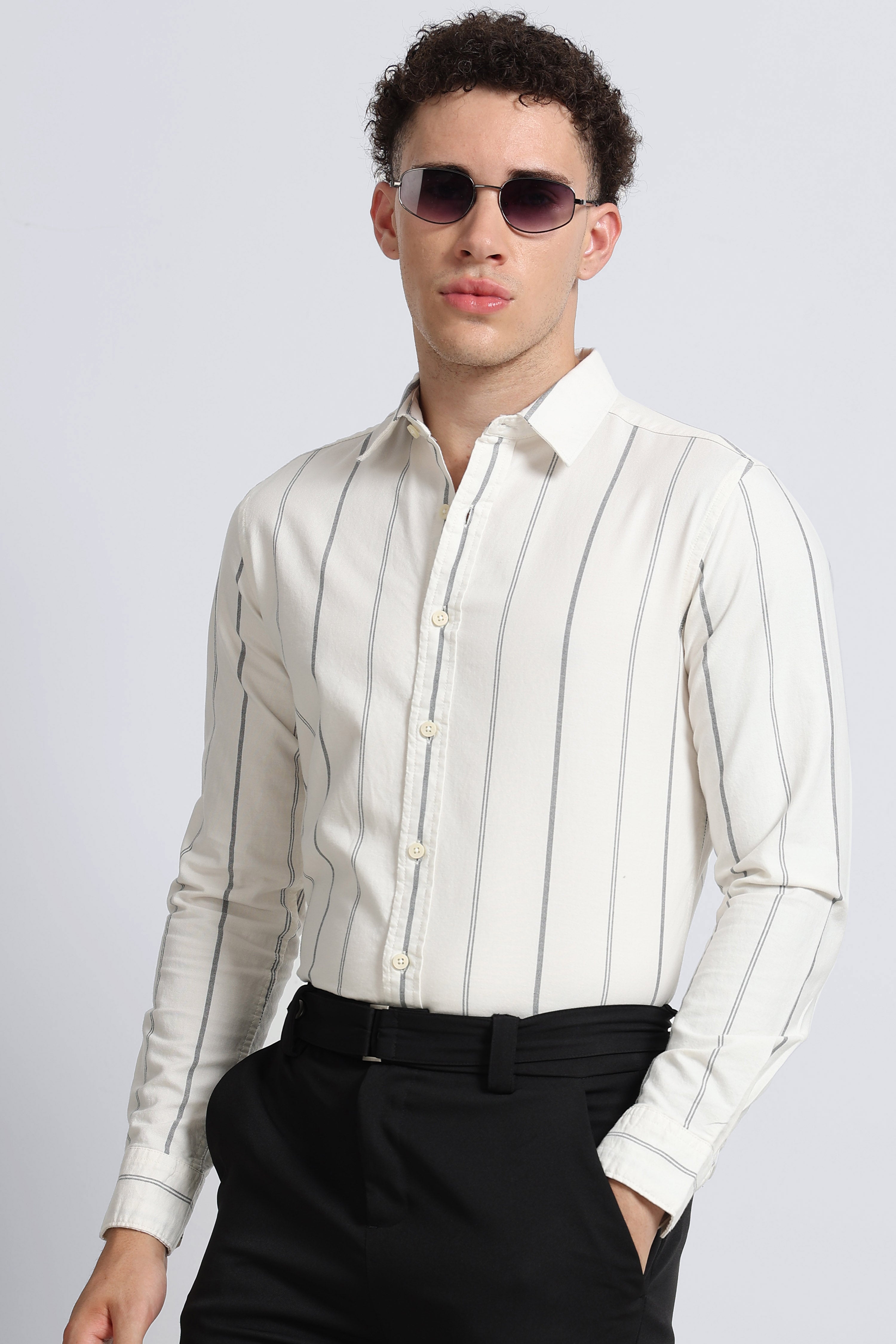 Men Off White Classic Striped Cotton Shirt