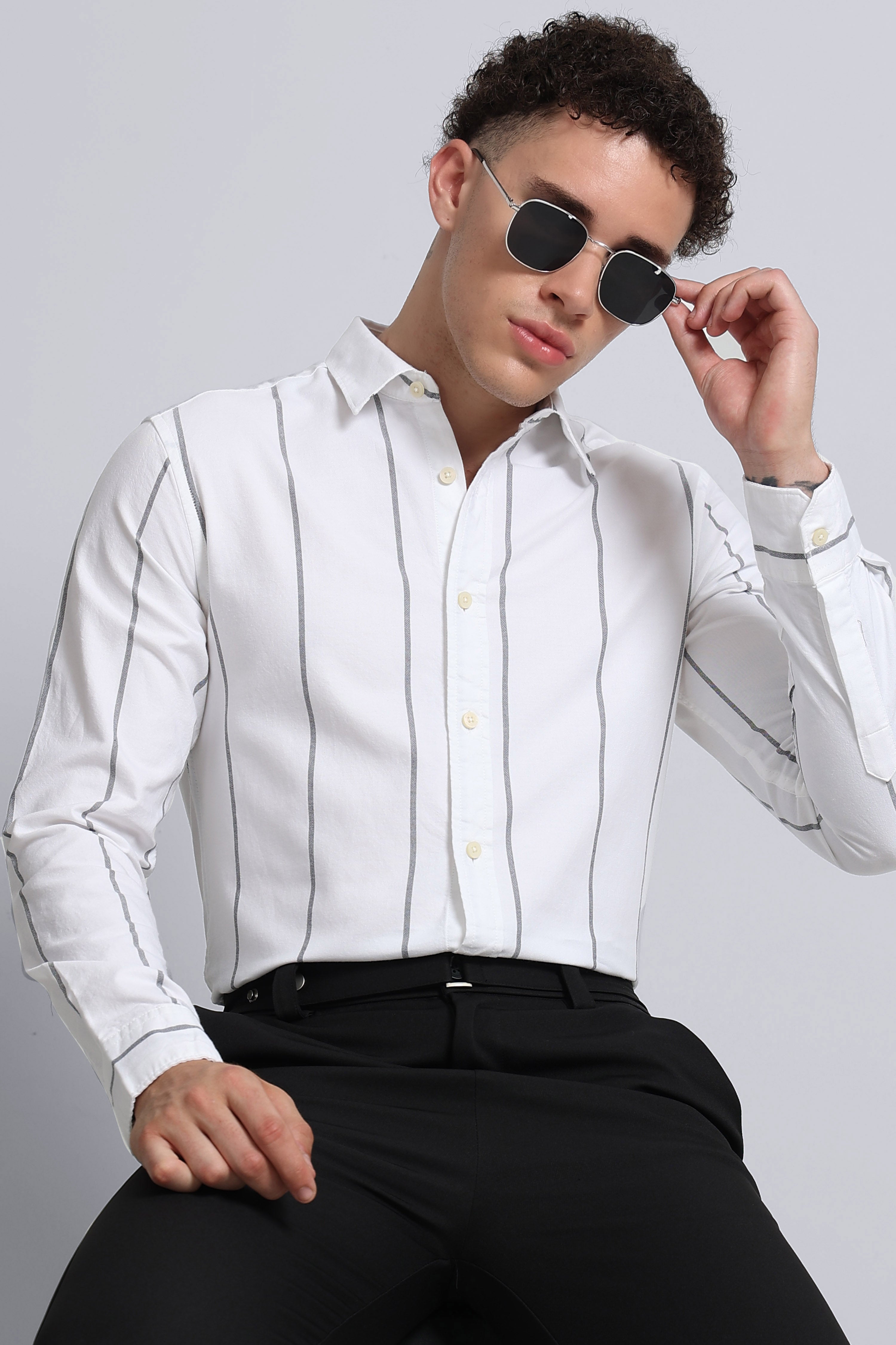 Men White Classic Striped Cotton Shirt