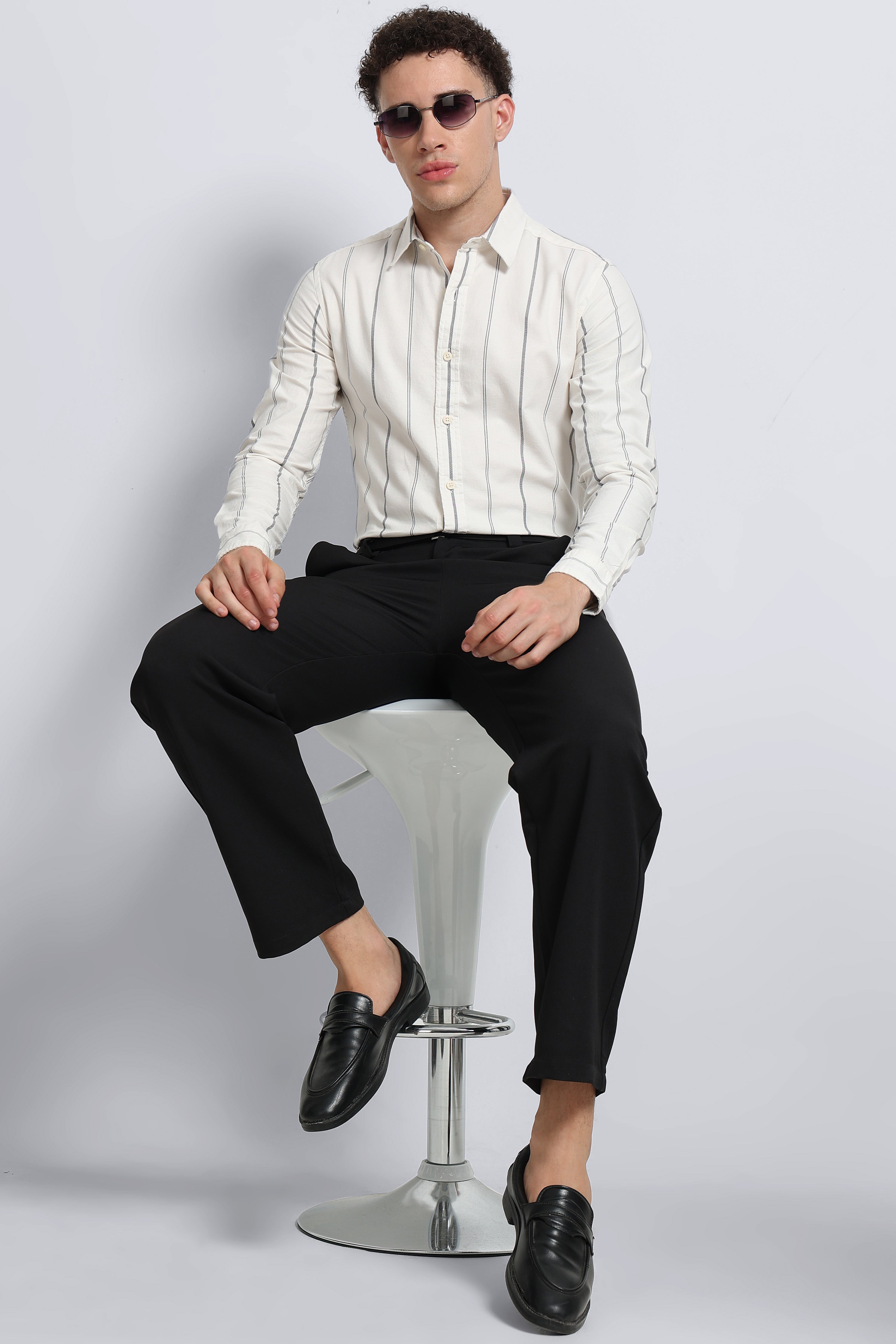 Men Off White Classic Striped Cotton Shirt
