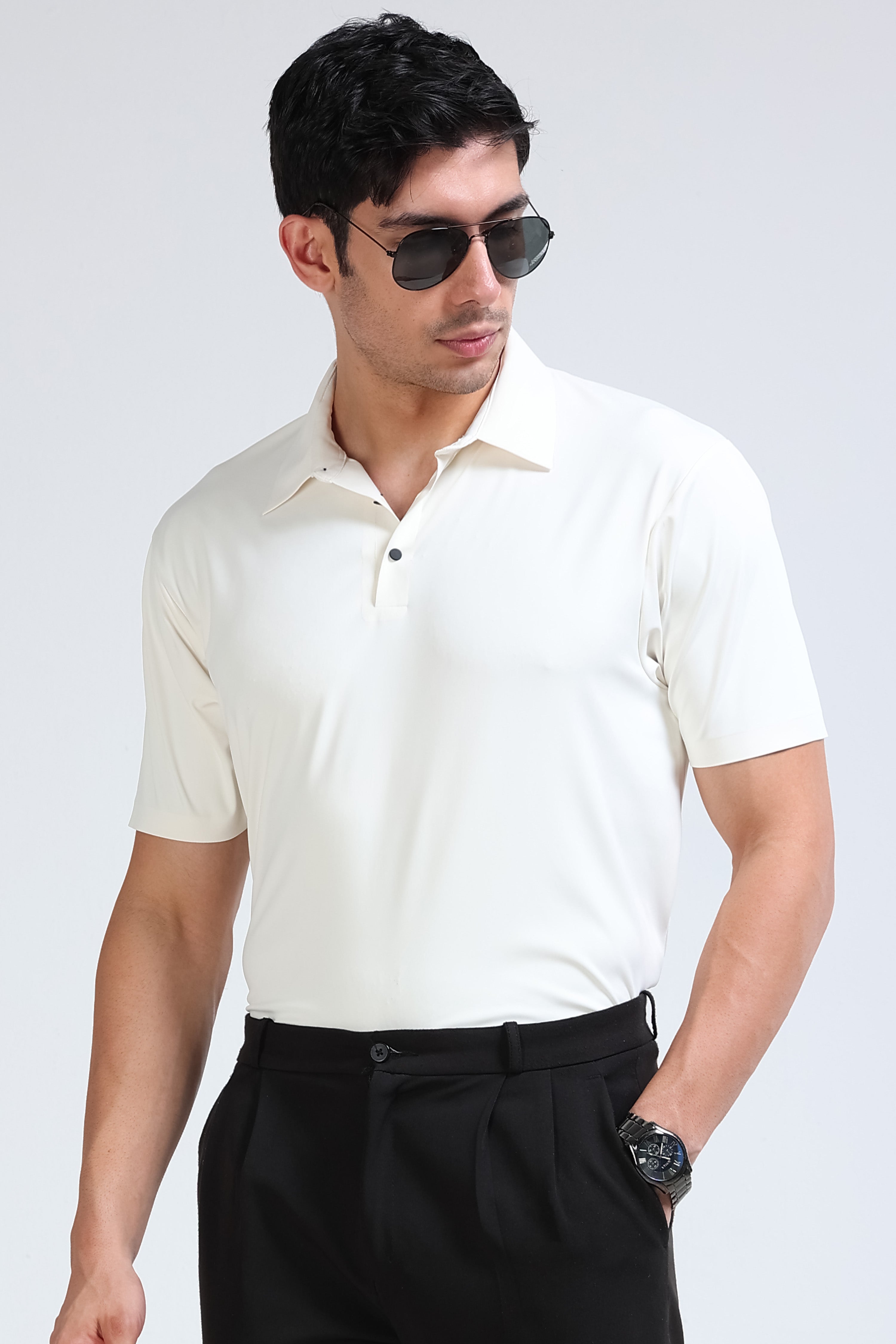 Men Off White Viscose Polo T-Shirt