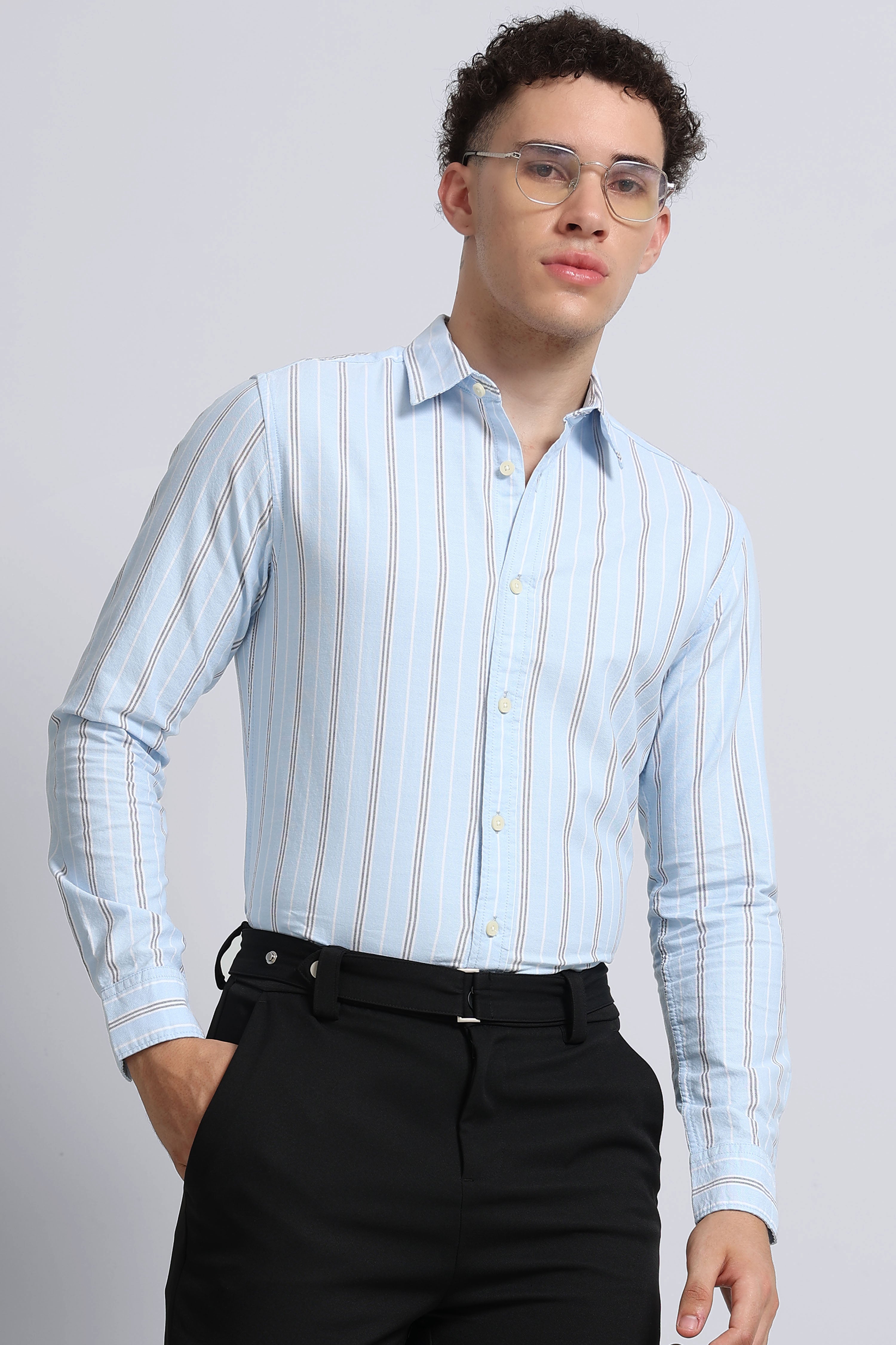Men Blue Classic Striped Cotton Shirt