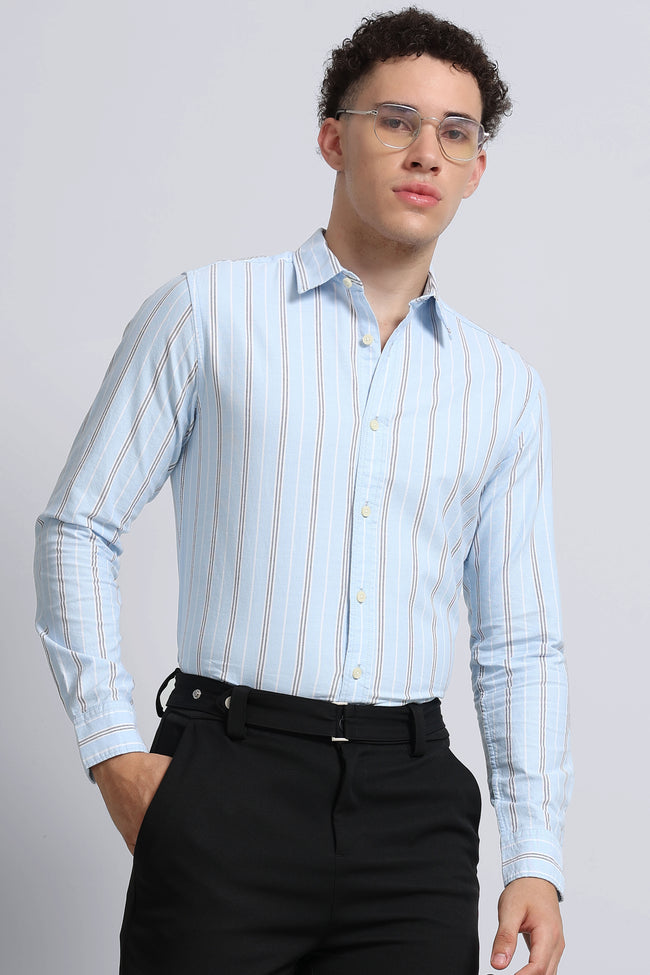 Men Blue Classic Striped Cotton Shirt
