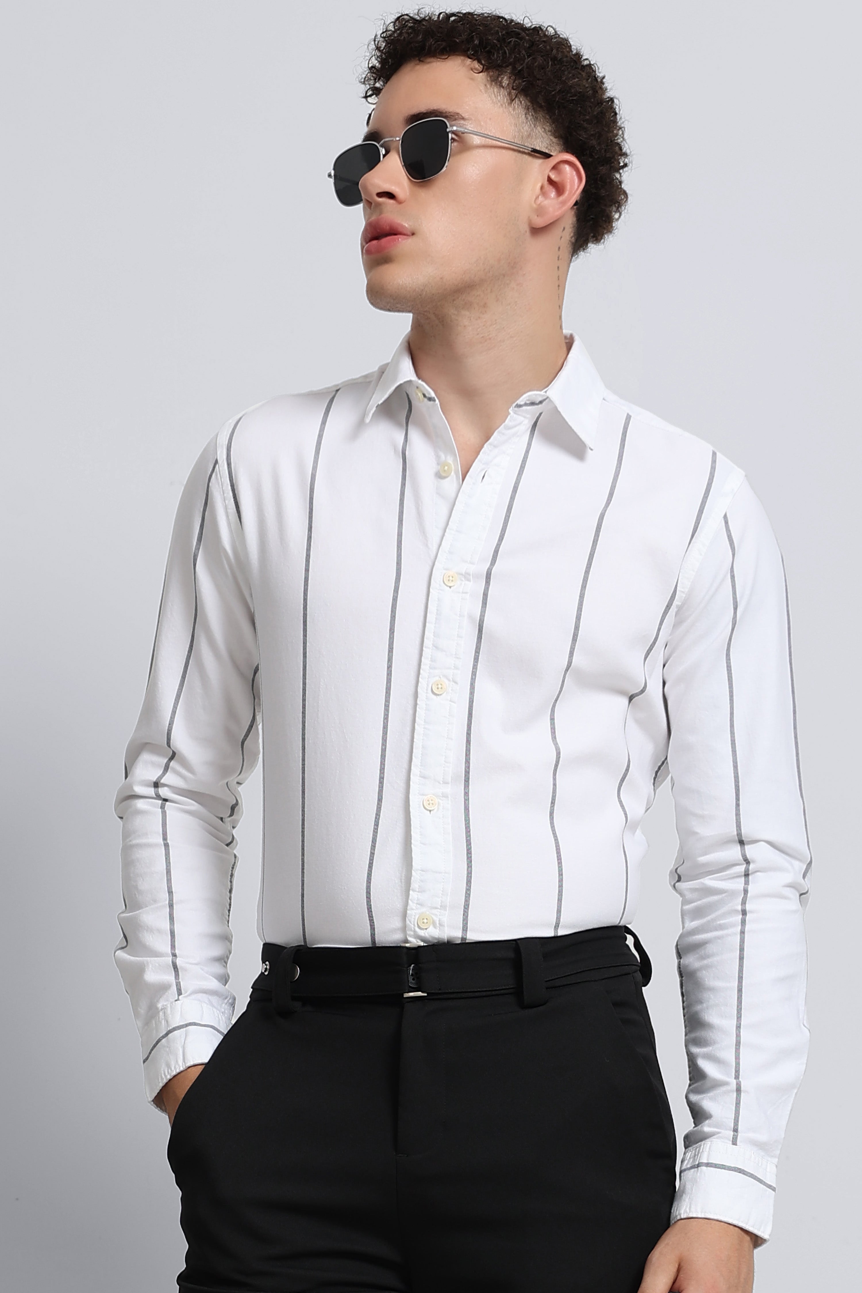 Men White Classic Striped Cotton Shirt