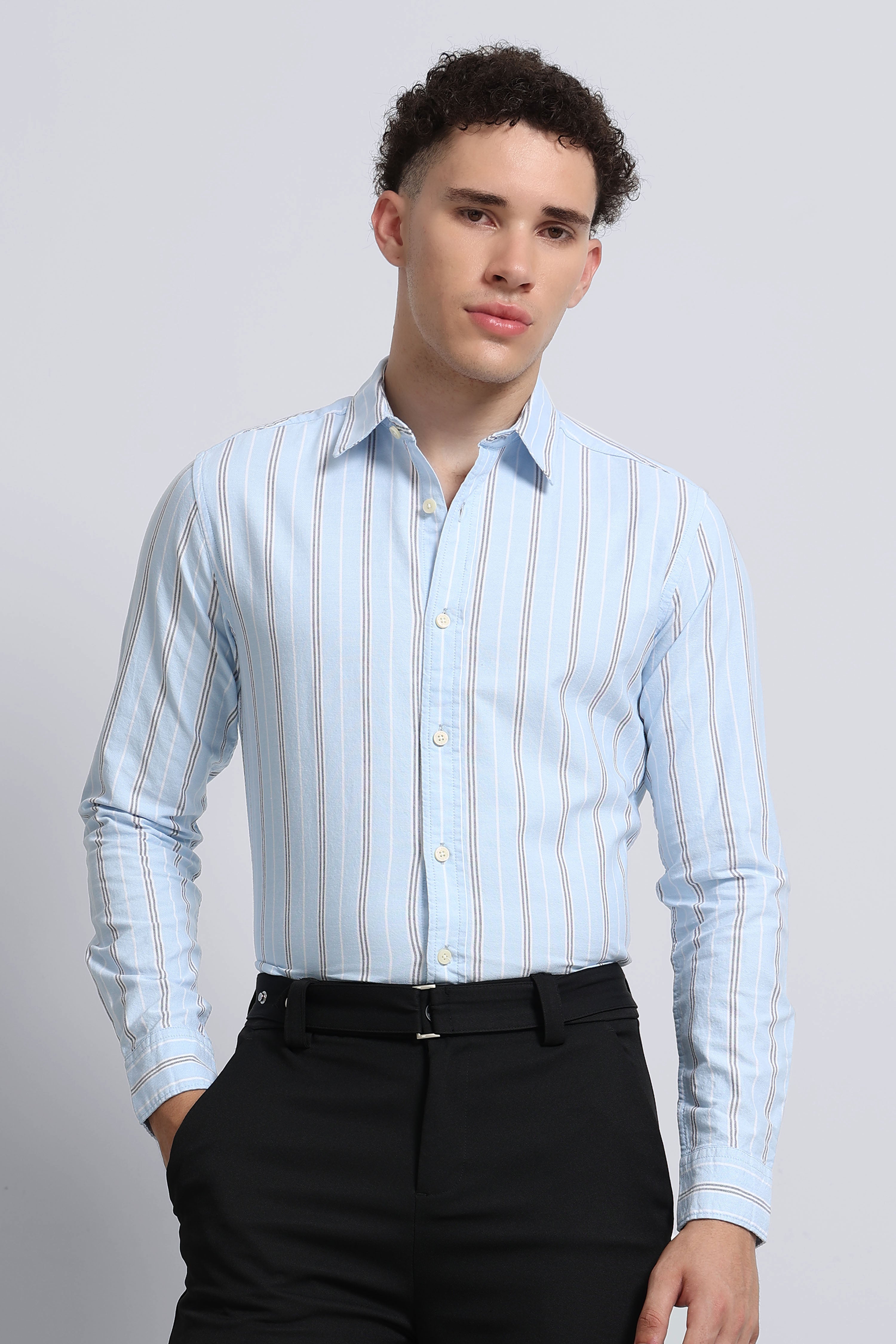 Men Blue Classic Striped Cotton Shirt