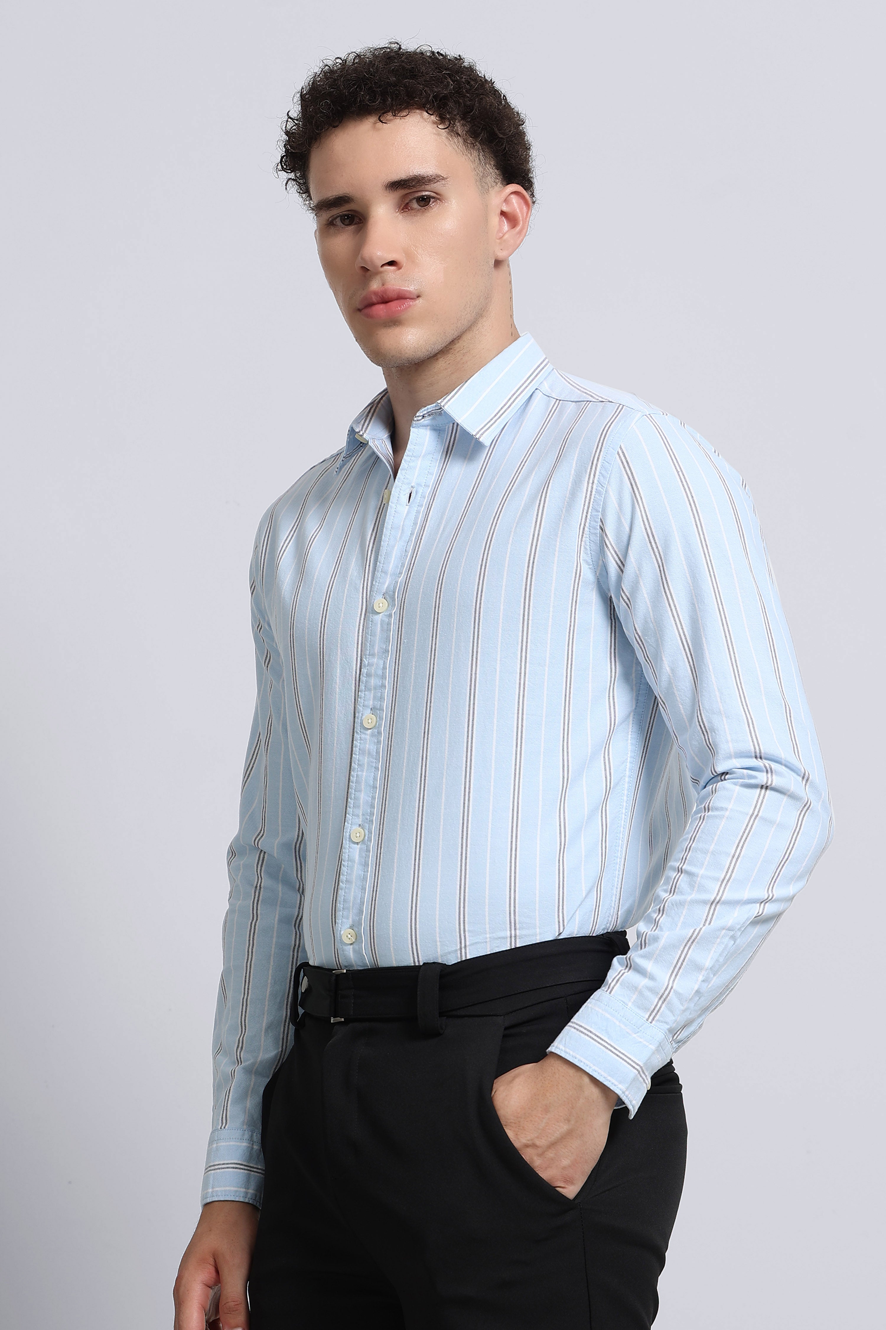 Men Blue Classic Striped Cotton Shirt